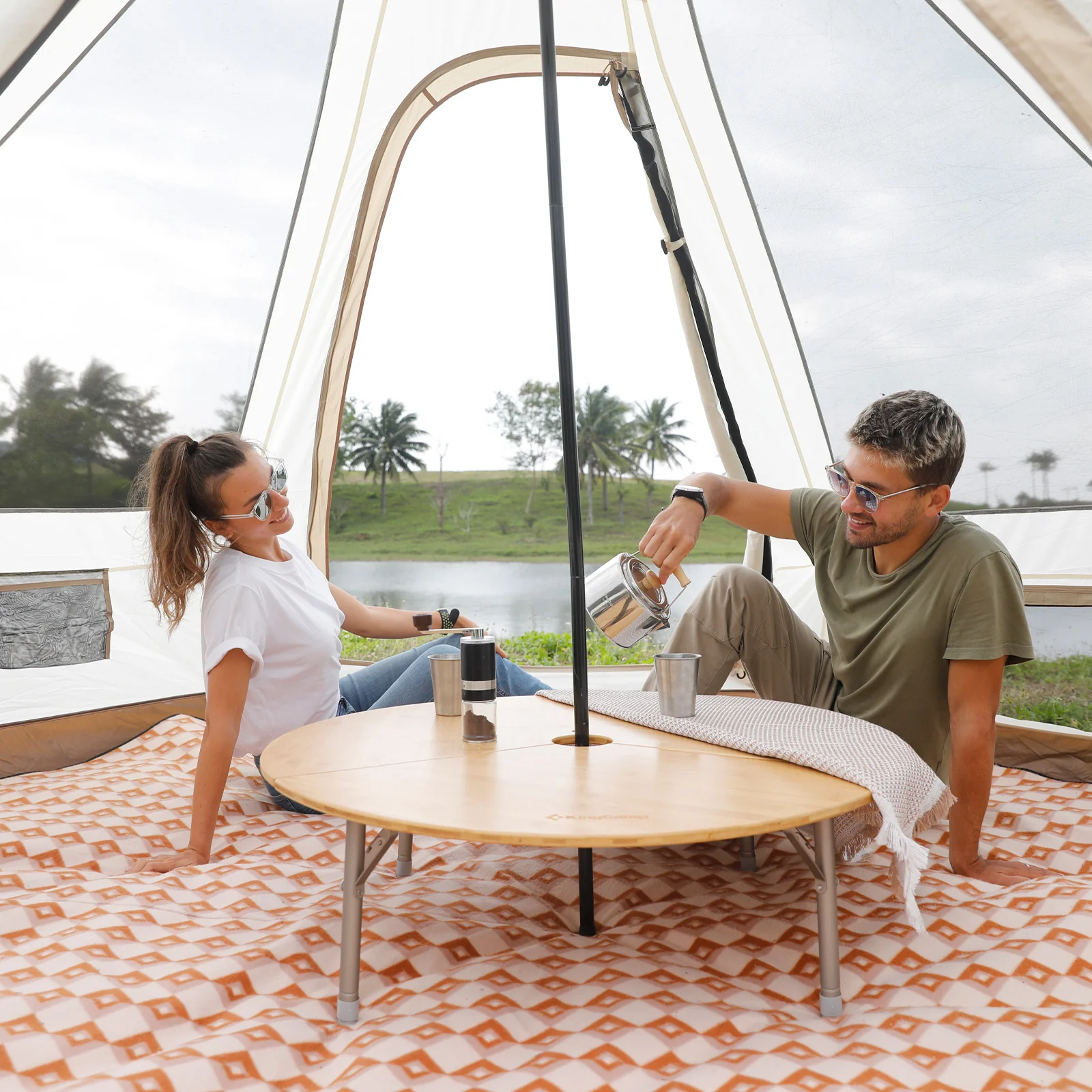 2025 KingCamp Dschingis 320 Light – Tienda tipi para 2 personas con 3,2 m de diámetro, 3000 mm de columna de agua y toldos solares modulares para glamping y festivales