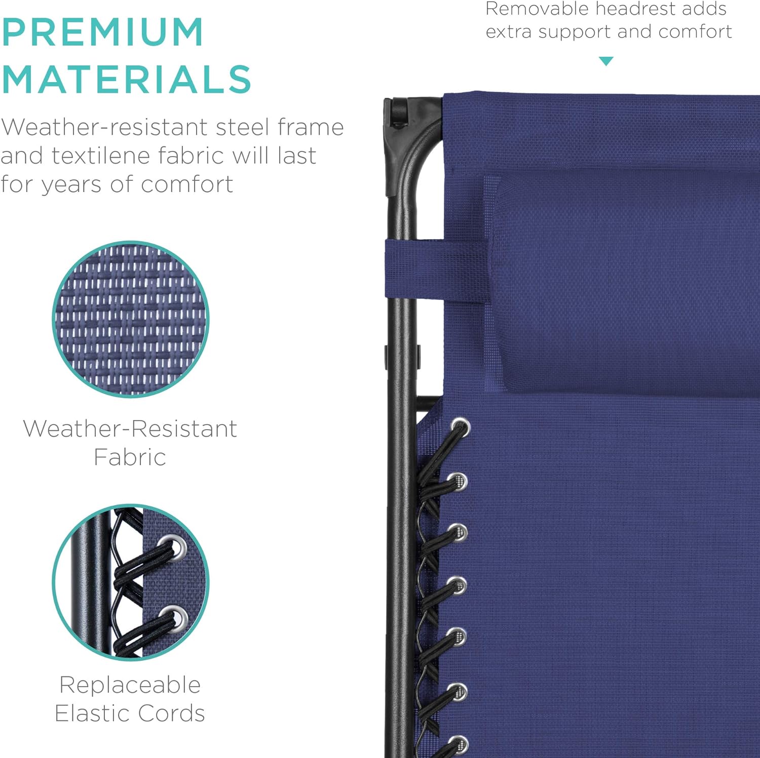 Best Choice Products – Silla Reclinable de Patio con Gravedad Cero, Ajustable y Plegable para Exteriores con Dosel, Almohada Cervical y Bandeja Lateral, Textileno – Azul Pavo Real