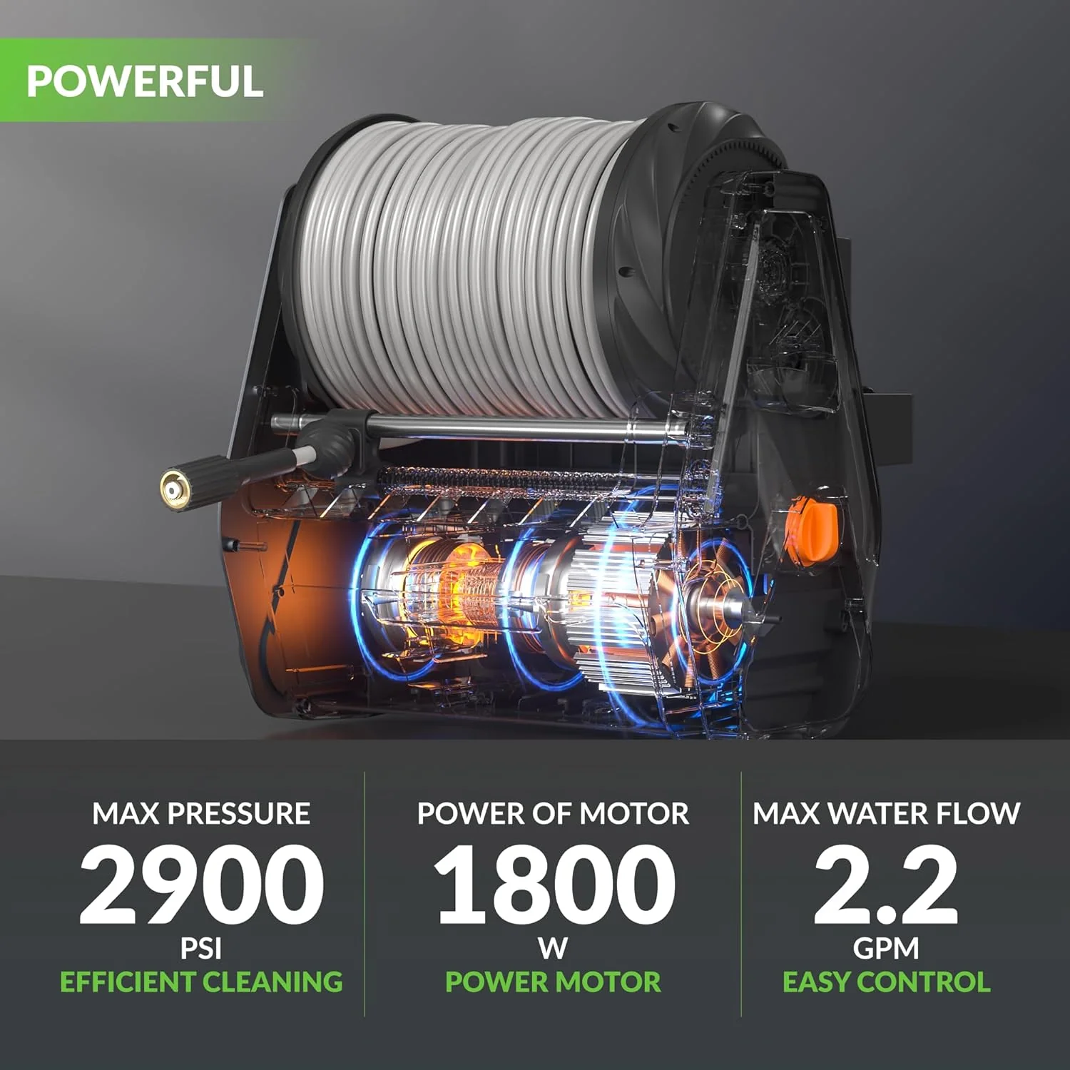 Giraffe Tools Grandfalls Hidrolimpiadora de Pared – 2900 PSI, 2,2 GPM, Manguera Retráctil de 31 m, Lanzador de Espuma, 4 Boquillas Rápidas