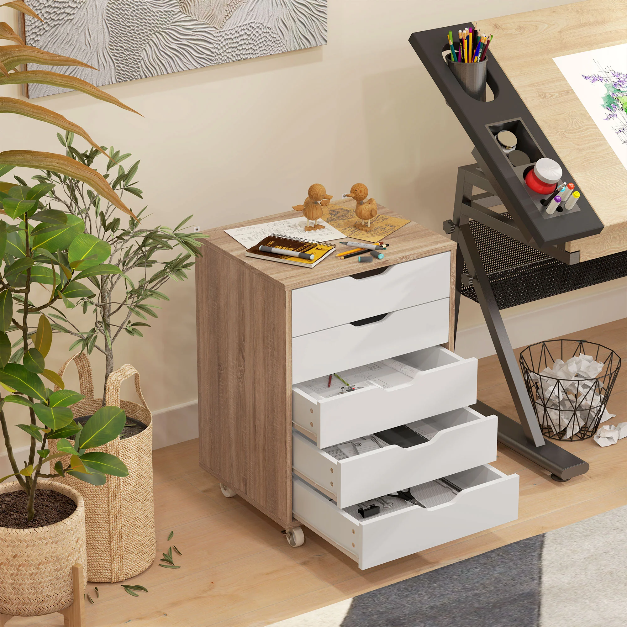 Cajonera Vertical de 5 Cajones, Mueble de Oficina Móvil con Ruedas, Roble