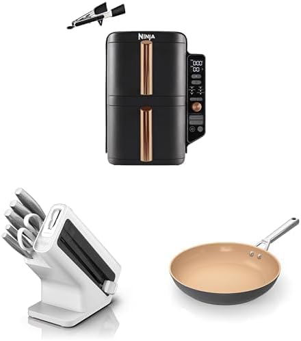 2025 Ninja Double Stack XL Freidora de Aire Caliente, 9,5 L Negro/Cobre SL400EUCP + Bloque de Cuchillos Ninja con Afilador Integrado, Blanco, K62006EUWH + Sartén Cerámica Ninja 28 cm, Terracota y Gris, CW90028DE