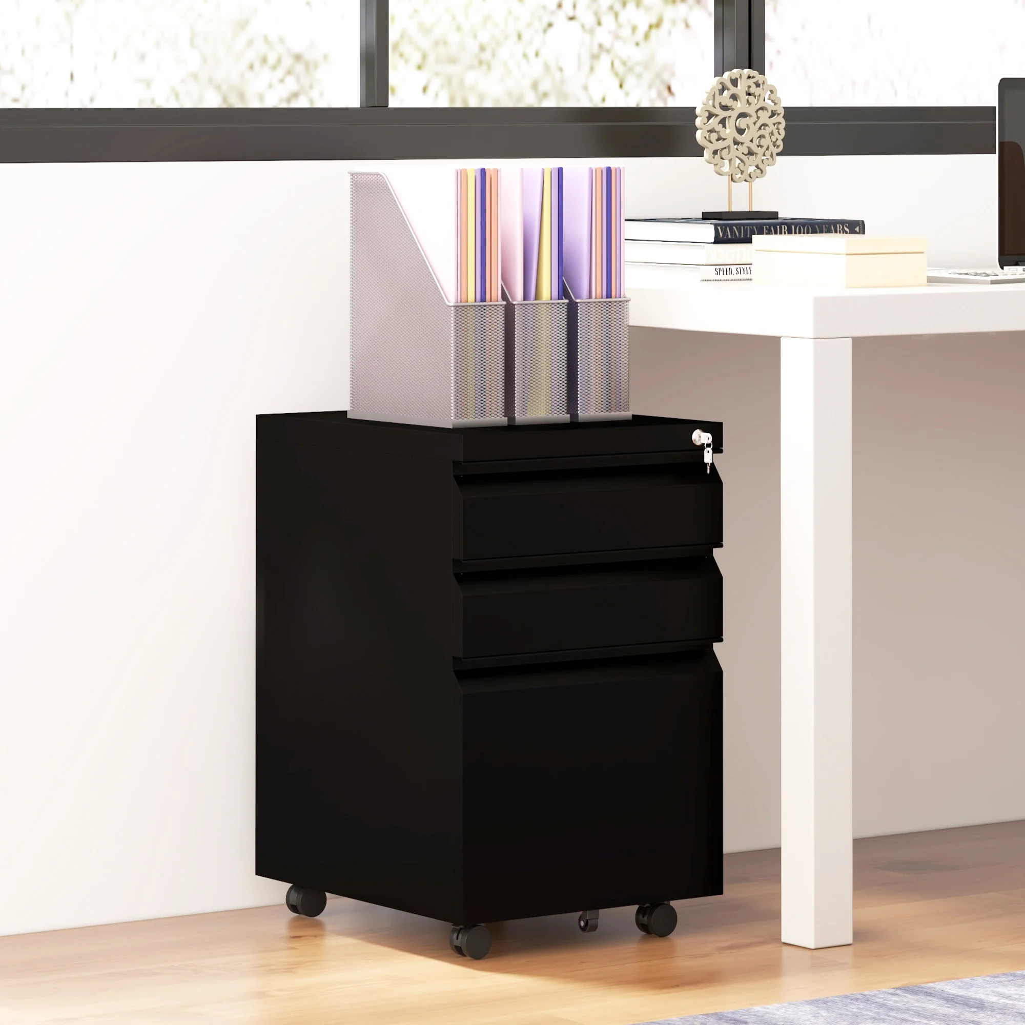 Cajonera Móvil de 3 Cajones, Cajones de Acero con Cerradura para Debajo del Escritorio, 37 x 43,5 x 60 cm, Negro