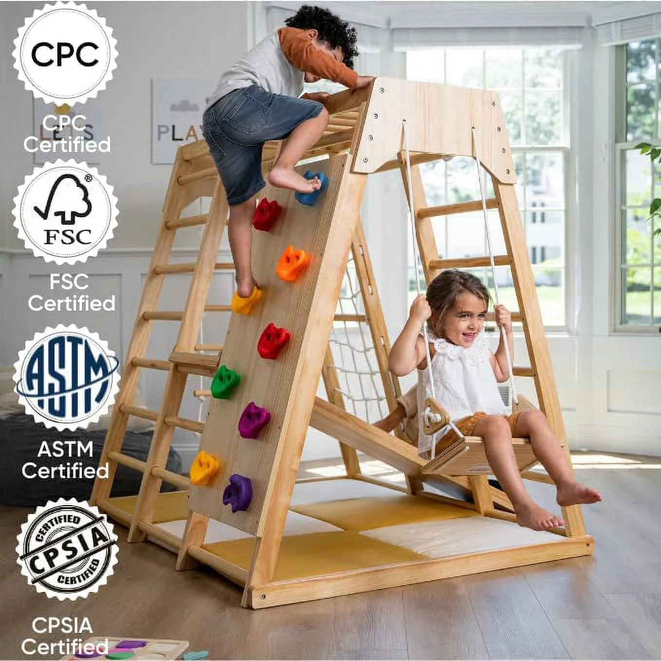 Avenlur Magnolia Parque Infantil Interior Gimnasio Jungle 6 en 1 Estilo Montessori Waldorf Juego de Escalada de Madera con Tobogán, Pared de Escalada, Escalera de Cuerda, Barras de Mono y Columpio para Niños de 2 a 6 años