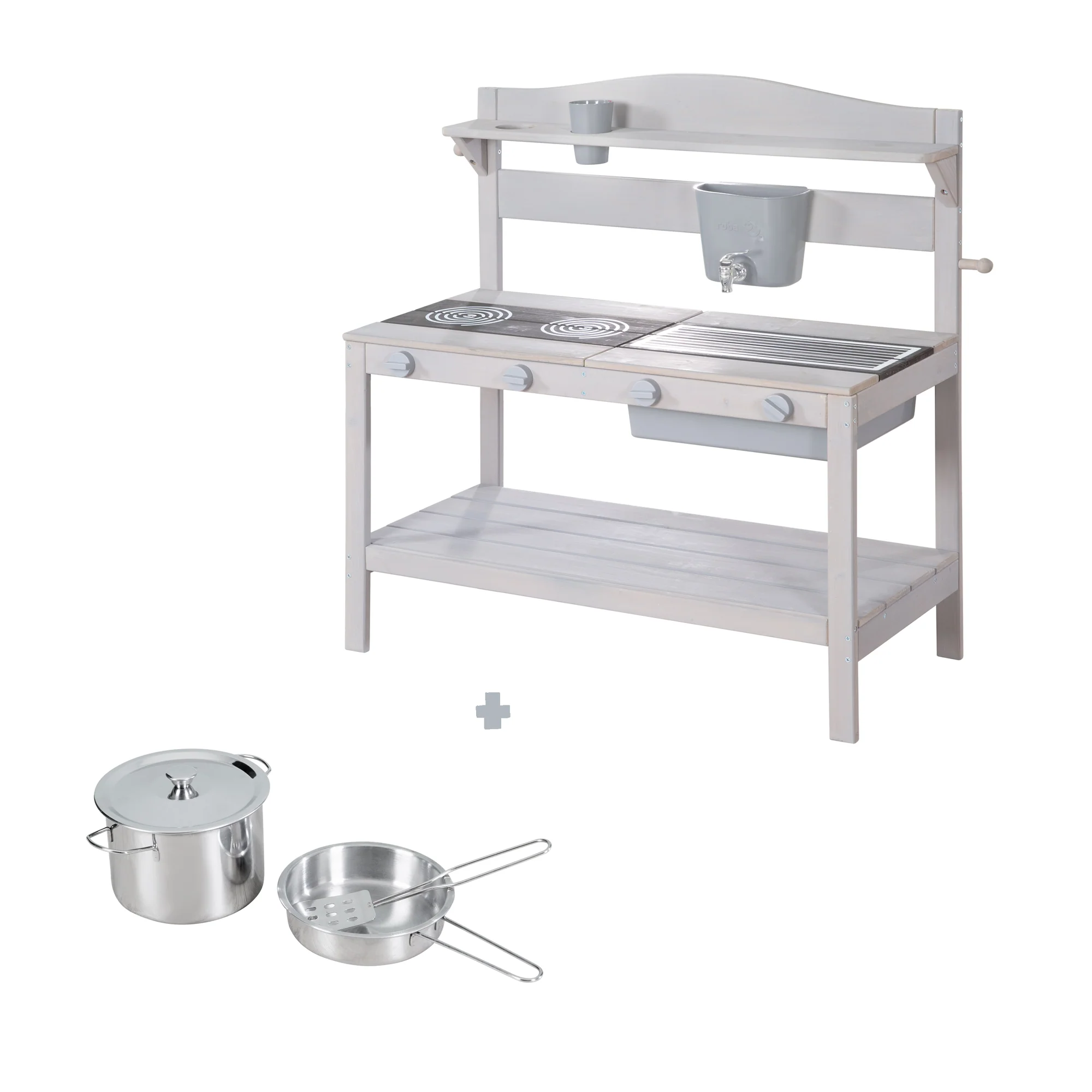Cocina de barro para exteriores con accesorios - Madera certificada FSC - Acabado en gris grabado