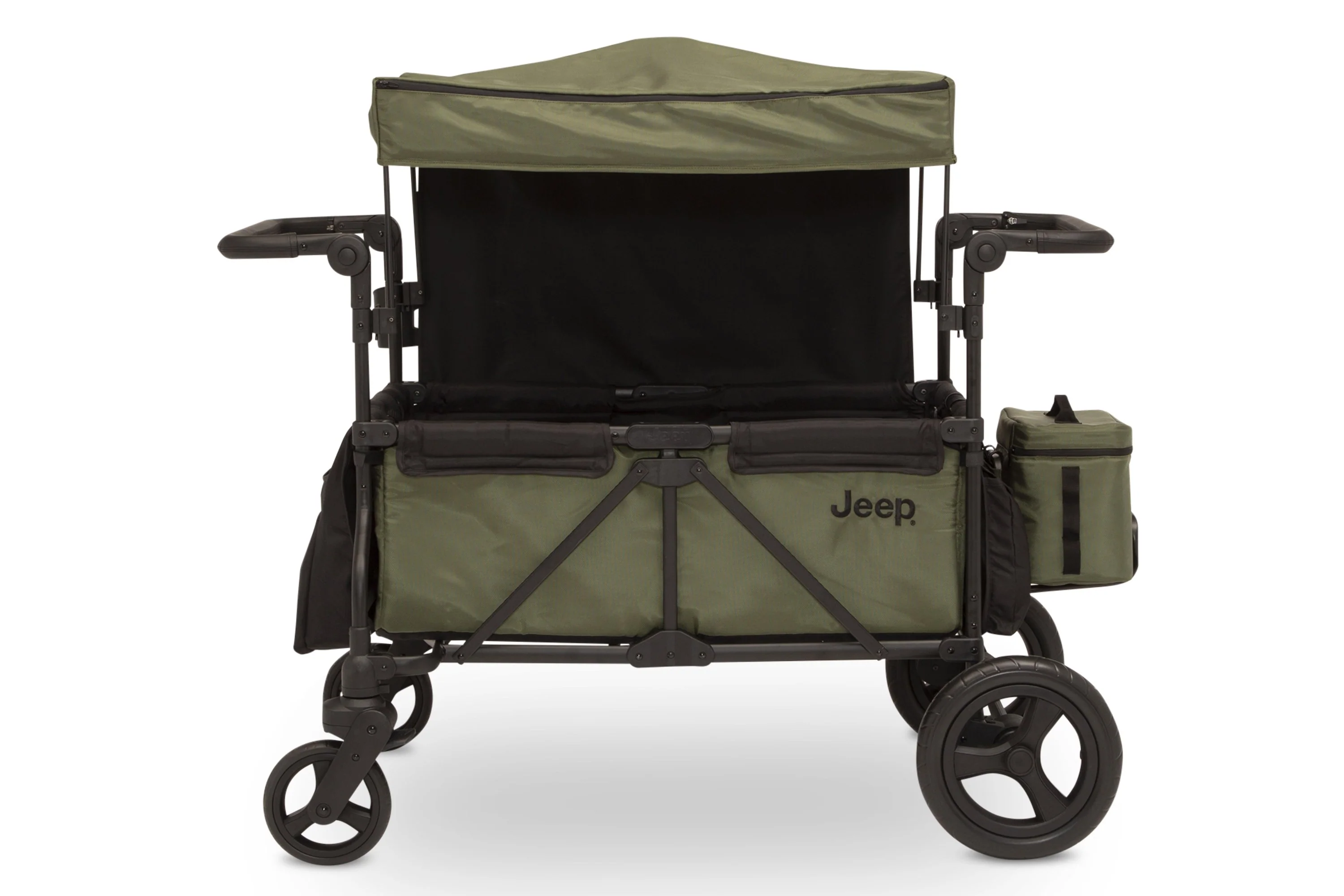 Carrito-Paseador Jeep Wrangler Deluxe – 2 Asientos con Arnés de 5 Puntos, Bolsa Térmica, Capota Anti-UV, Amplio Almacenamiento, Ruedas Todo Terreno Antipinchazos, Manillares Ajustables