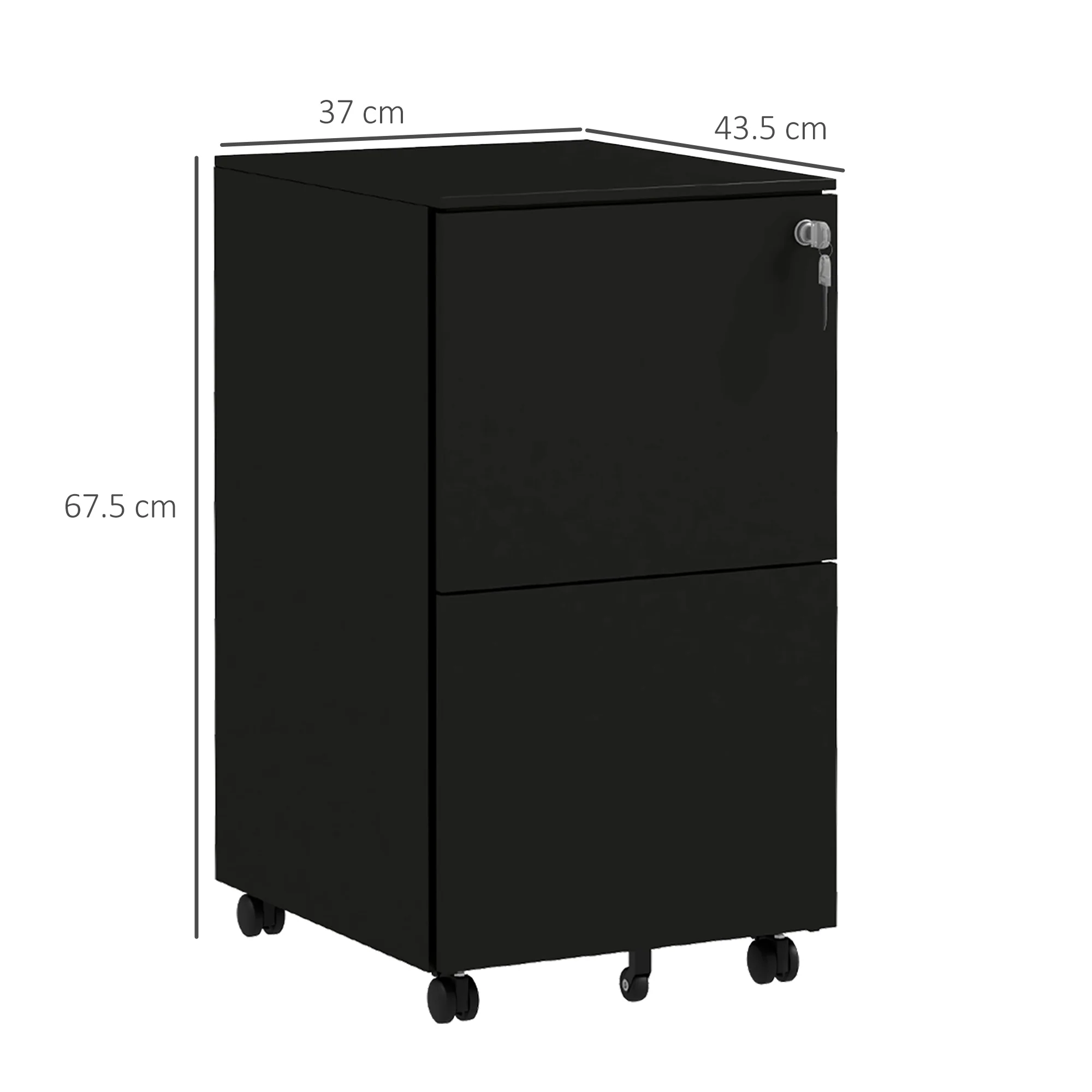 Archivador Móvil de Acero con 2 Cajones y Cerradura, Mueble de Oficina para Debajo del Escritorio, Negro