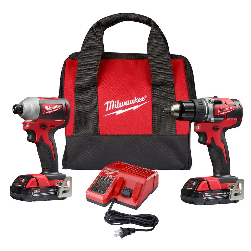 Kit combinado compacto inalámbrico M18 de 18V con motor sin escobillas (2 herramientas) con (2) baterías de 2.0Ah, cargador y bolsa 2892-22CT