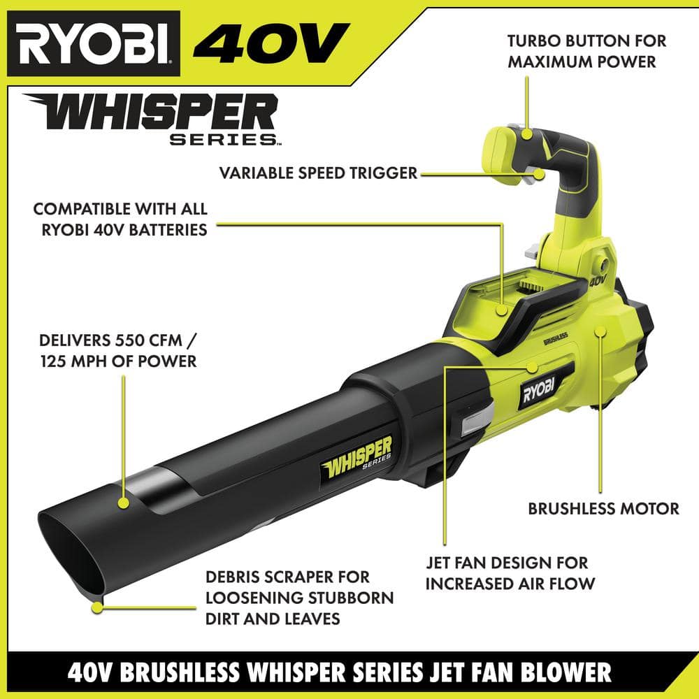 2025 Soplador de Mano RYOBI 40V Brushless 125 MPH 550 CFM de la Serie Whisper con Batería de 4.0 Ah y Cargador RY40470