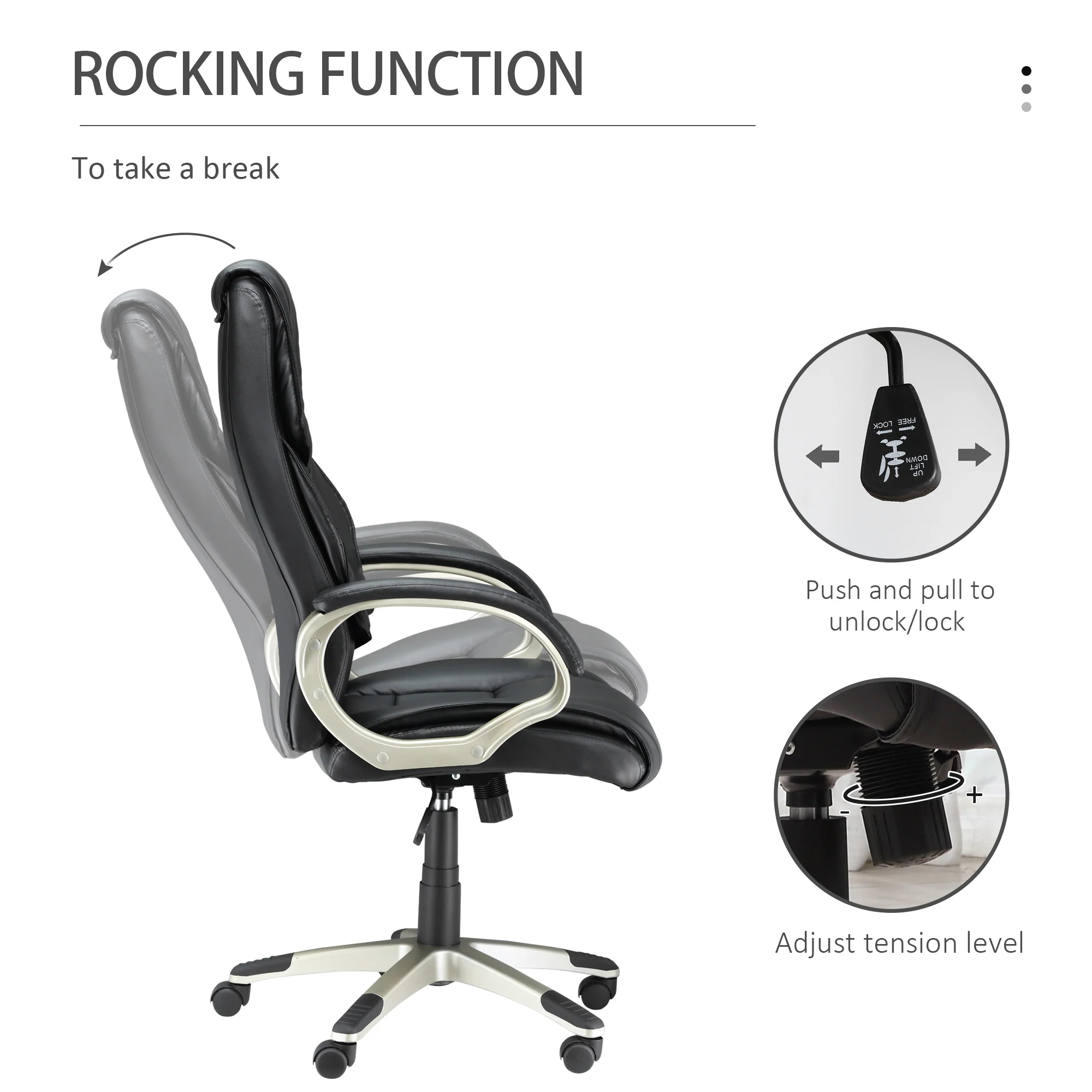 Silla de Oficina con Respaldo Alto, Sillón Giratorio de Cuero Sintético con Altura Ajustable, Negro