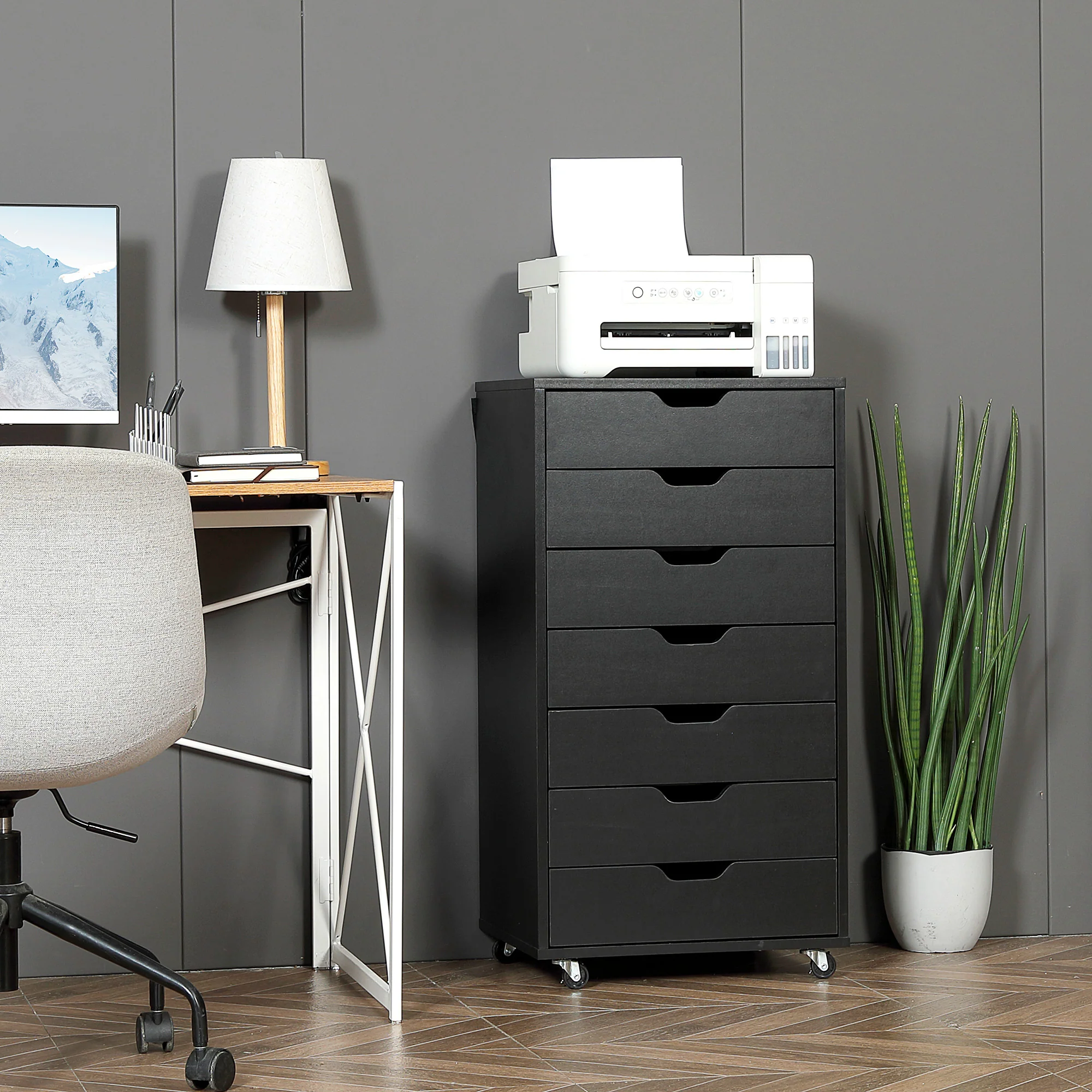 Cajonera Vertical de 7 Cajones, Mueble de Oficina Móvil con Ruedas, Negro