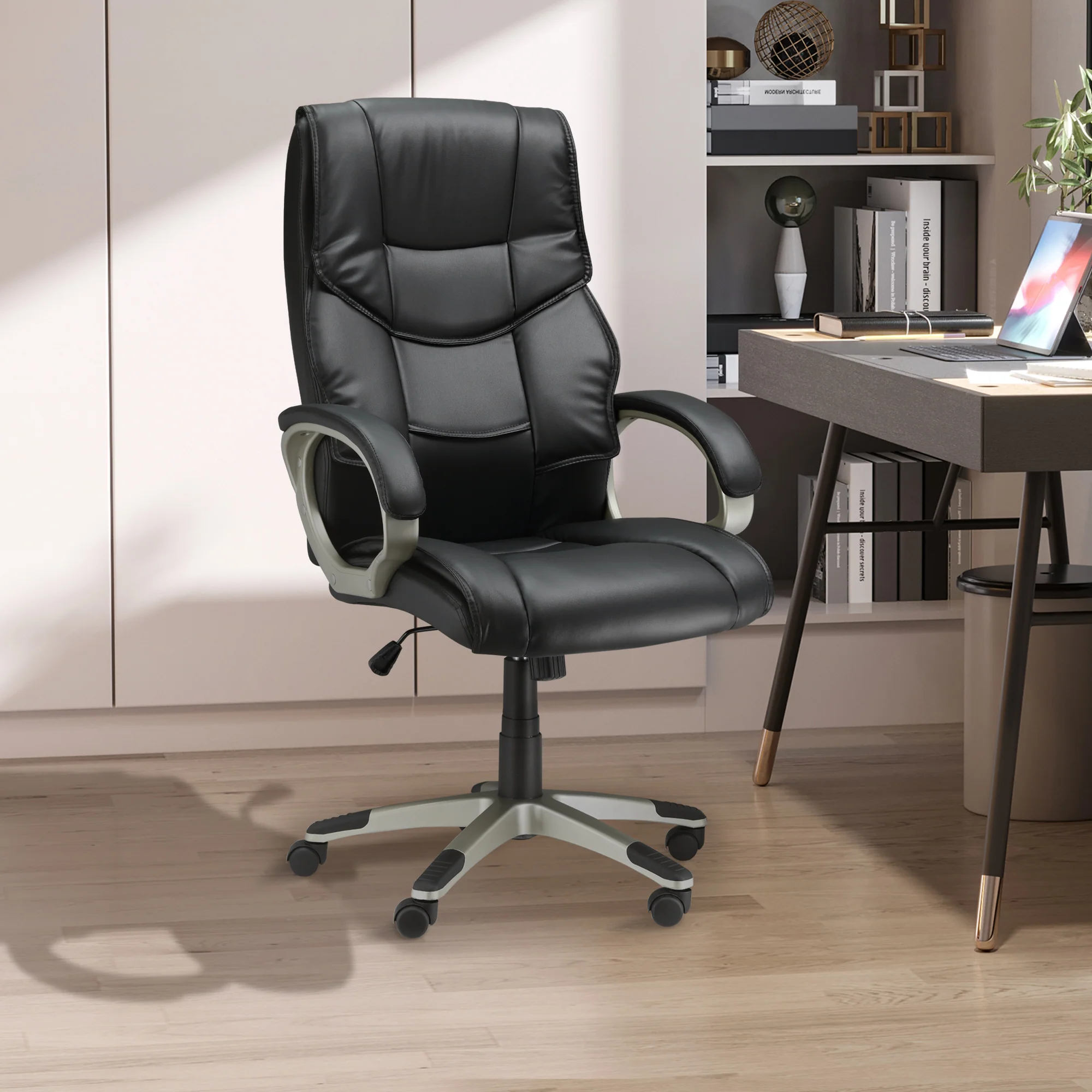 Silla de Oficina con Respaldo Alto, Sillón Giratorio de Cuero Sintético con Altura Ajustable, Negro