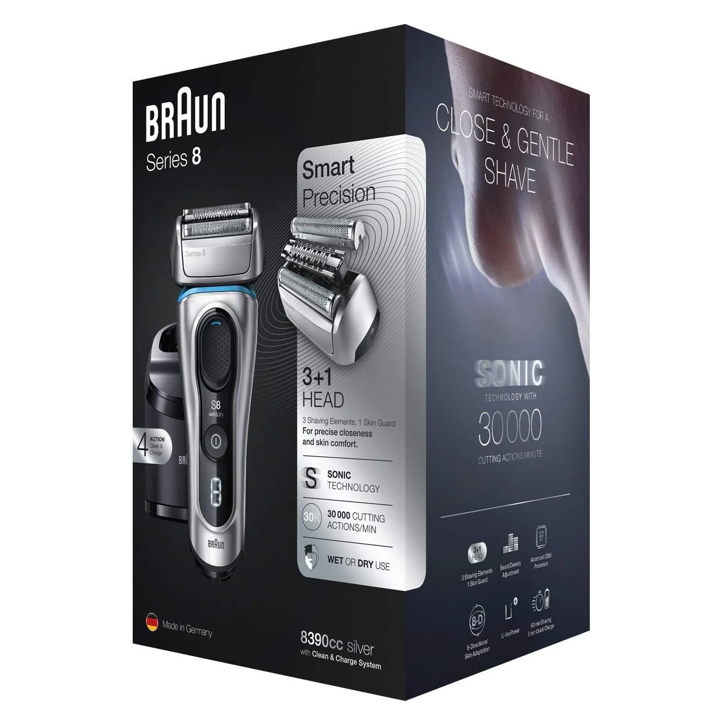 2025 Afeitadora Braun Series 8 8390cc para hombre – Afeitado en seco y húmedo, 100 % resistente al agua, plateado