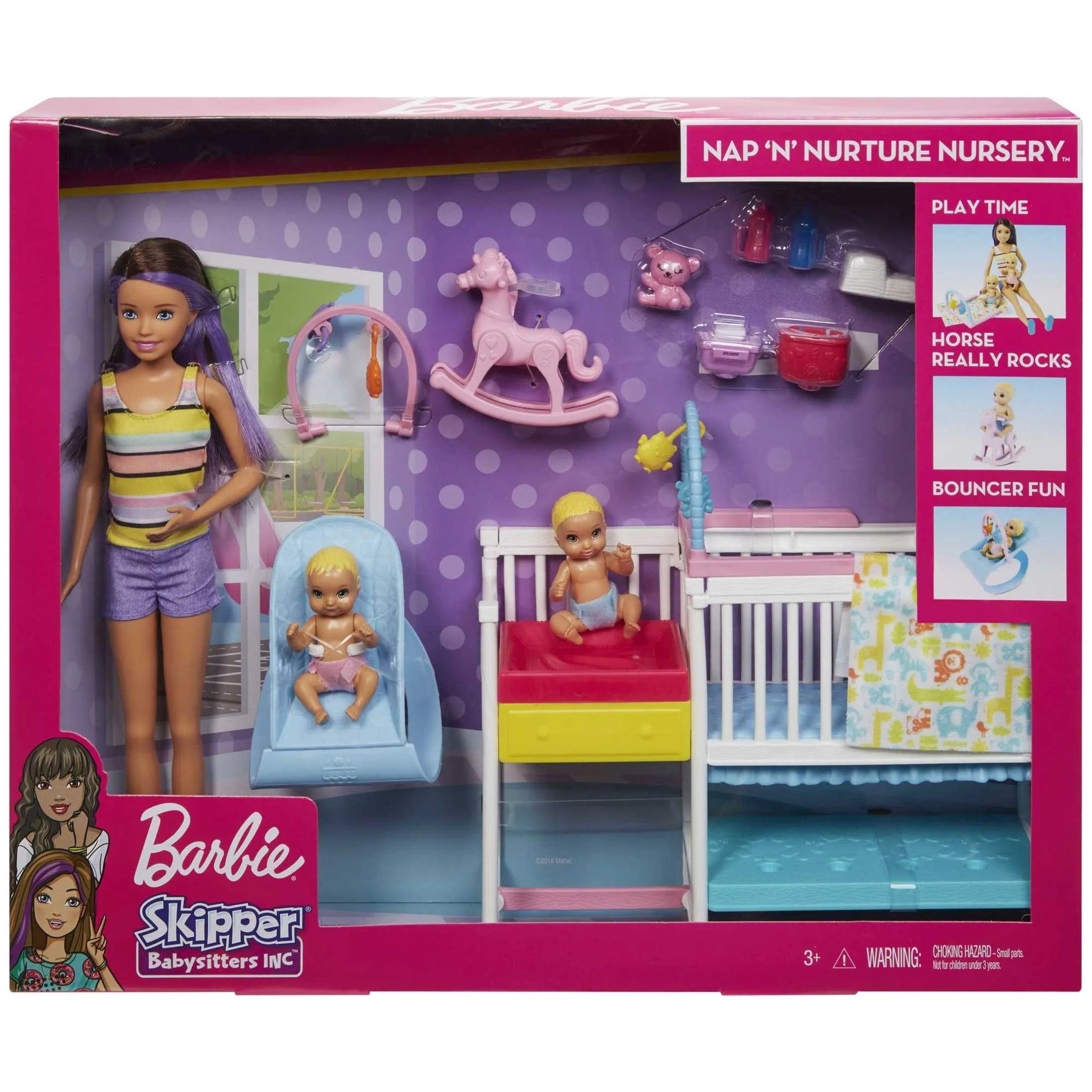 Barbie Skipper Babysitters Inc Juego de Cuna Nap n Nurture con Muñeca Morena, Bebé y Accesorios