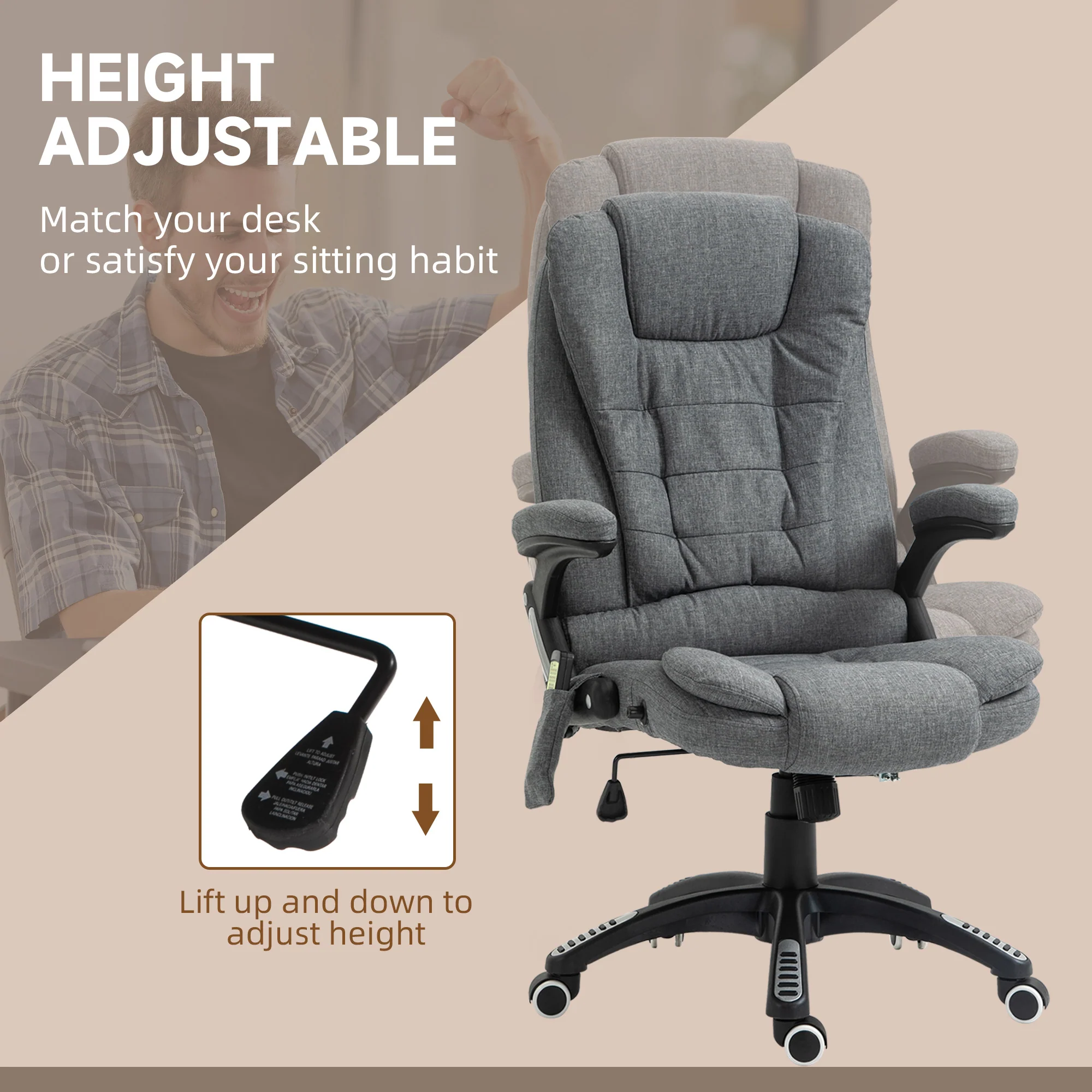 Silla de Oficina Ergonómica con Masaje de 6 Puntos y Calefacción en la Espalda, Tela Tipo Lino, Gris