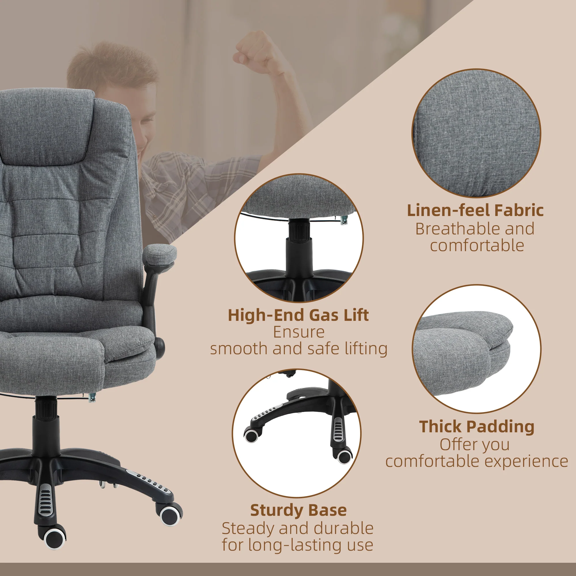 Silla de Oficina Ergonómica con Masaje de 6 Puntos y Calefacción en la Espalda, Tela Tipo Lino, Gris
