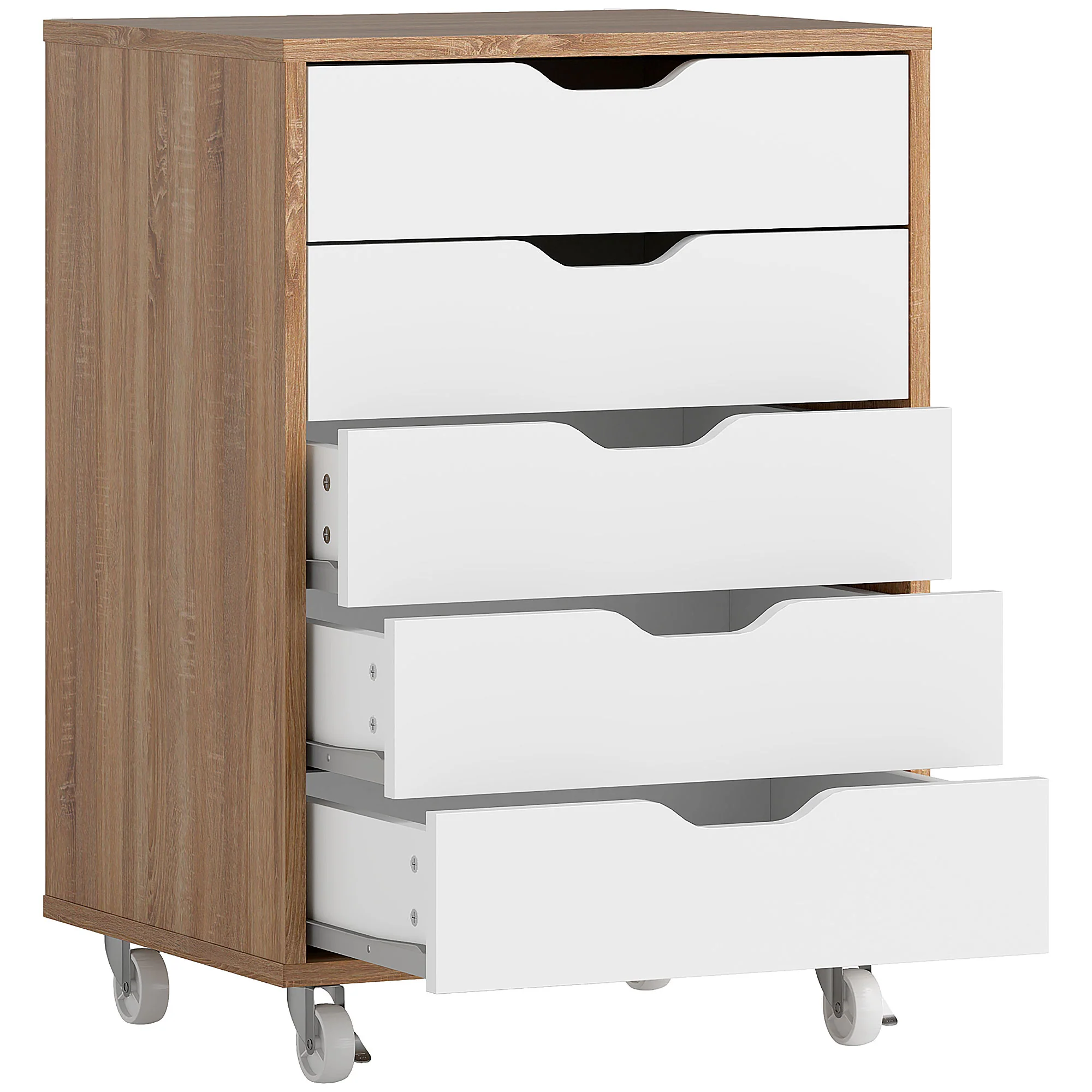 Cajonera Vertical de 5 Cajones, Mueble de Oficina Móvil con Ruedas, Roble