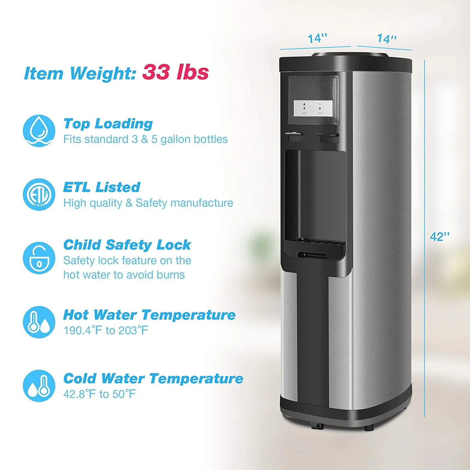 2025 Fuente de agua de carga superior para botellas de 3–5 galones – Agua caliente y fría con seguridad infantil – Negra