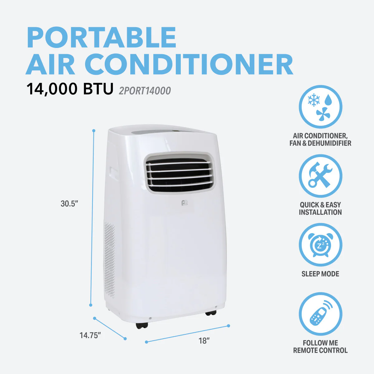 2025 Aire Acondicionado Portátil de 14 000 BTU / 8 200 SACC con Control Remoto Multifunción