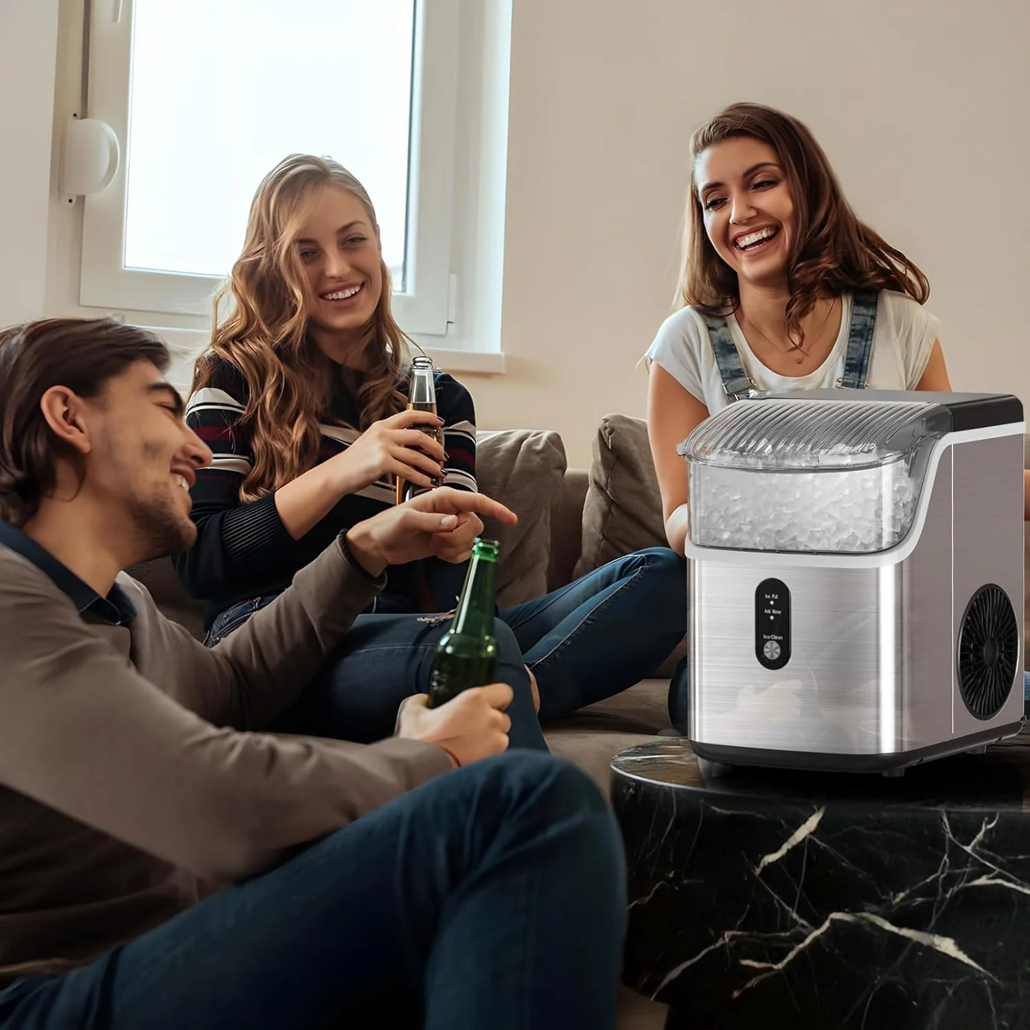 2025 Máquina de hielo tipo nugget para encimera, hielo en trozos masticables, 15 kg/24 h, autolimpiante, hielo sónico, operación con un solo botón, para cocina u oficina, acero inoxidable plateado