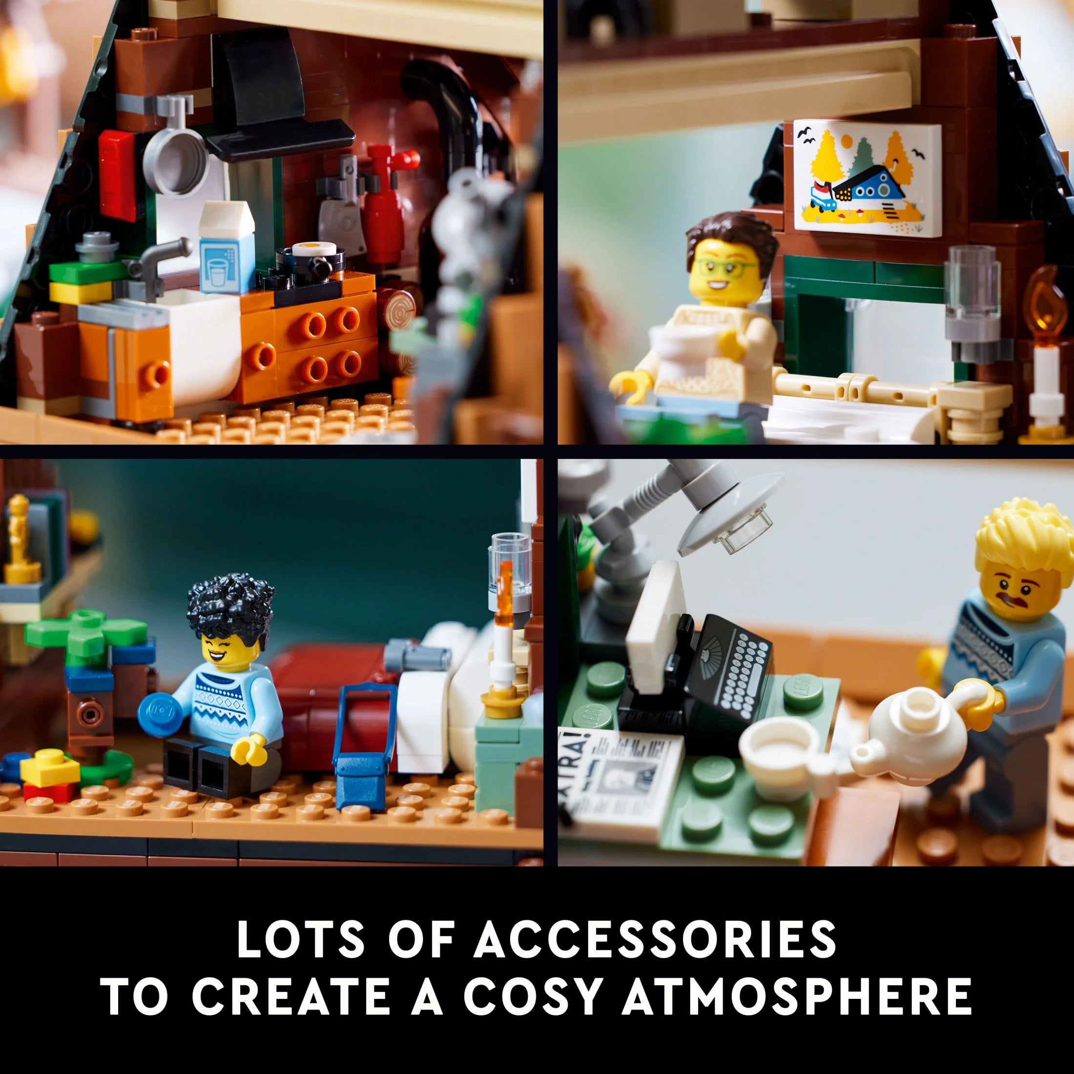 LEGO Ideas Cabaña A-Frame 21338 – Set Coleccionable para Exhibición, Kit de Modelo Construible para Adultos, Regalo para Amantes de la Naturaleza y la Arquitectura, Incluye 4 Minifiguras Personalizables y 11 Figuras de Animales