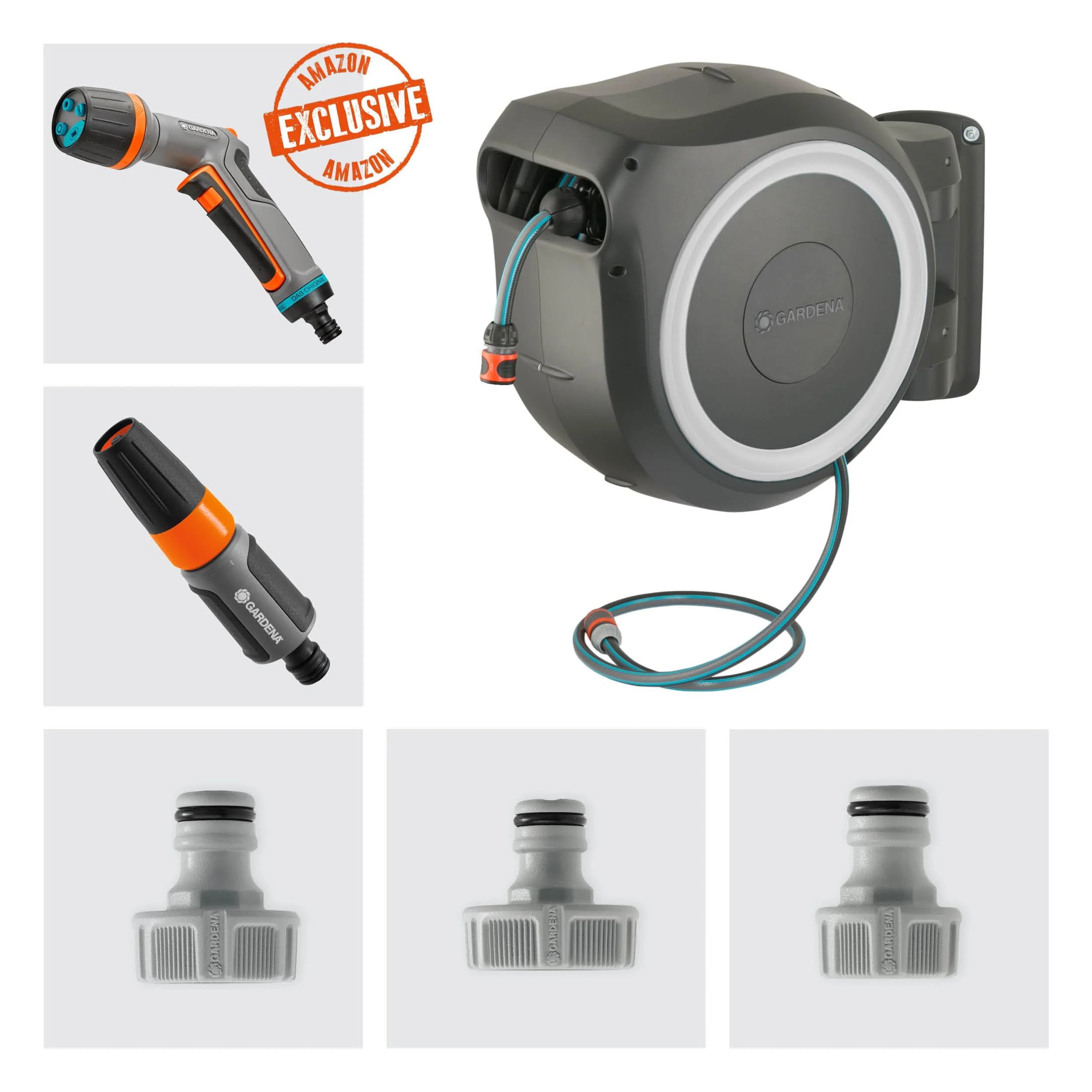 2025 Caja de manguera mural Gardena RollUp L (blanca) 30 m con pistola de limpieza ecoPulse