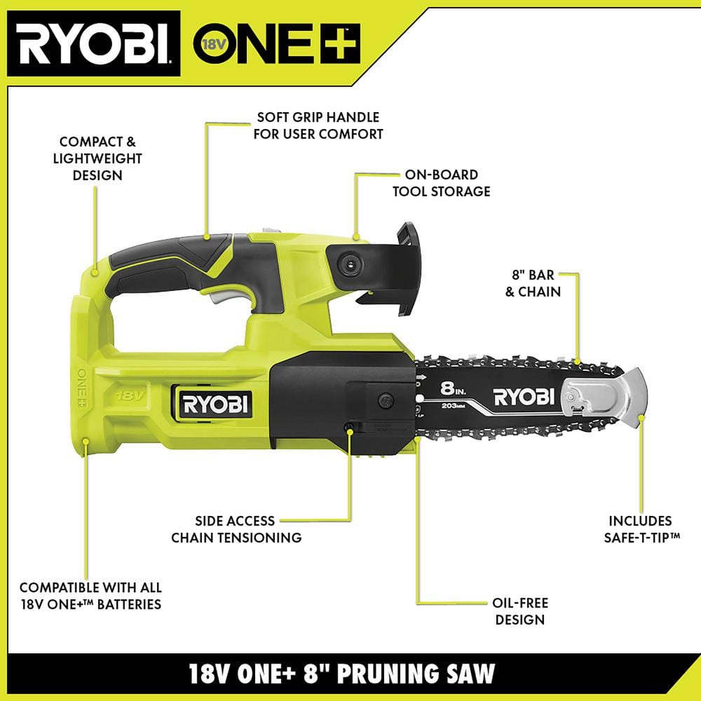 2025 Sierra de Podar Inalámbrica RYOBI ONE+ 18V de 8 Pulgadas (Solo Herramienta) P5452BTL