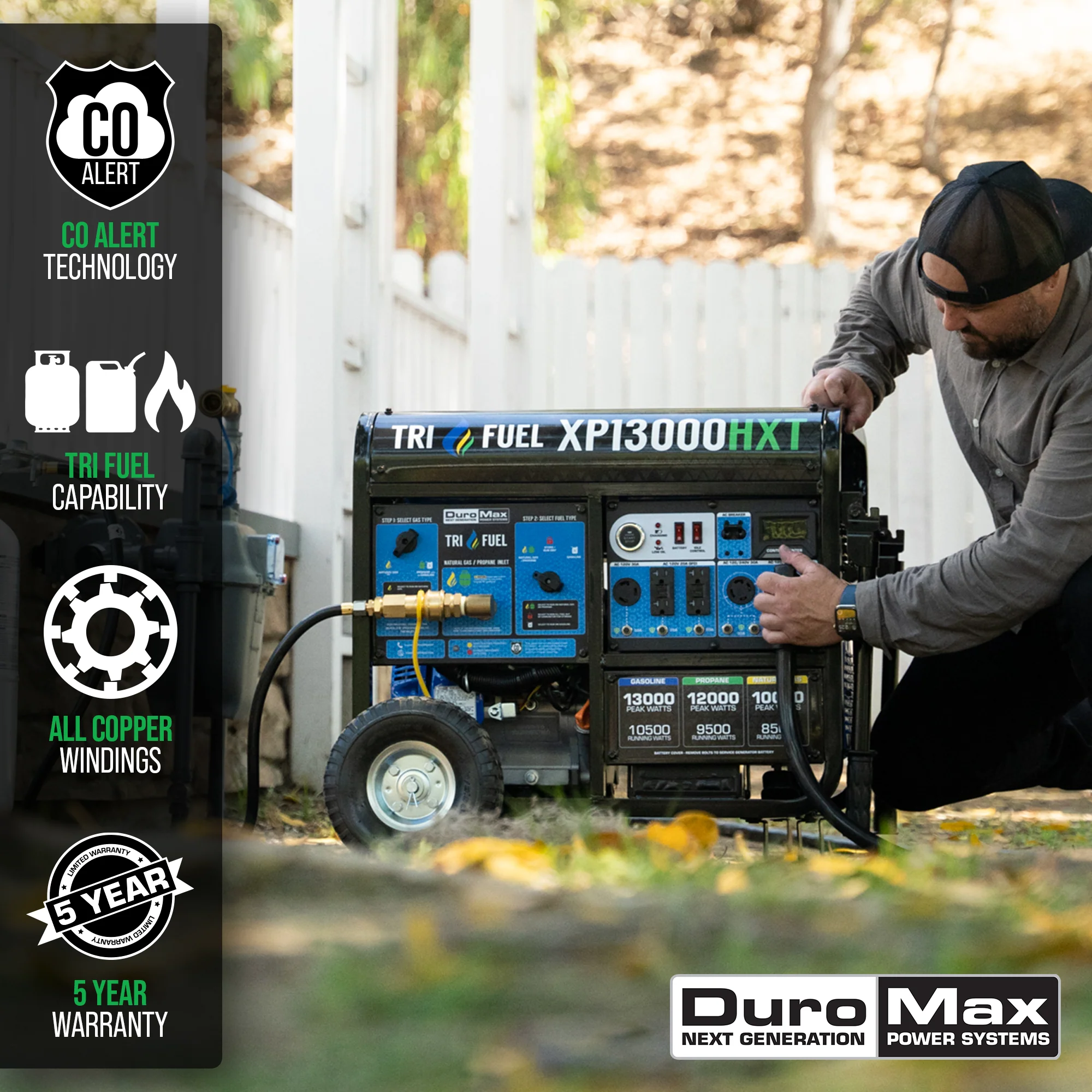 2025 Generador Portátil Trifuel 13 000 W HXT con Alerta de Monóxido de Carbono (CO)