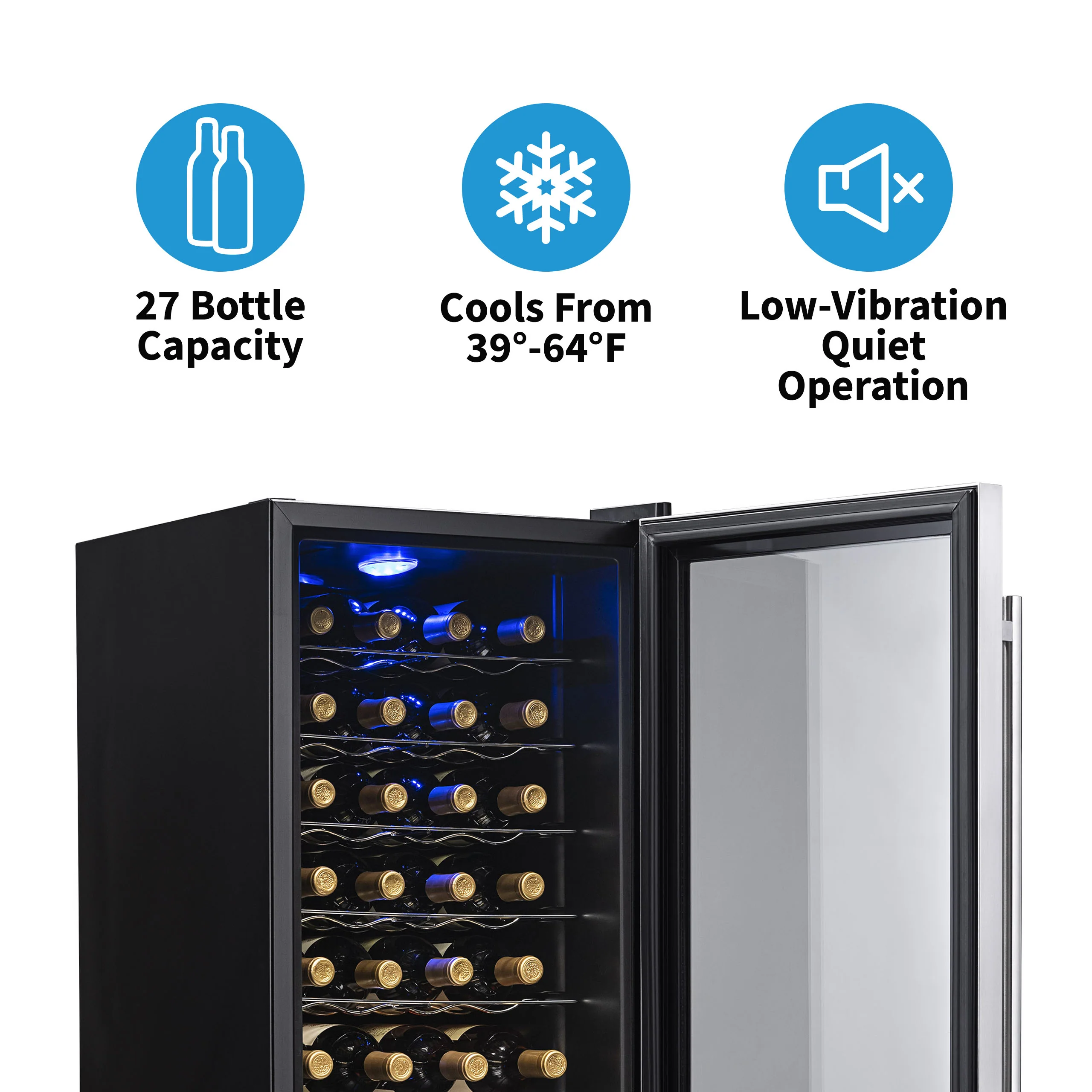 2025 Newair® Refrigerador de Vinos Independiente de Acero Inoxidable – 27 Botellas – 16,9