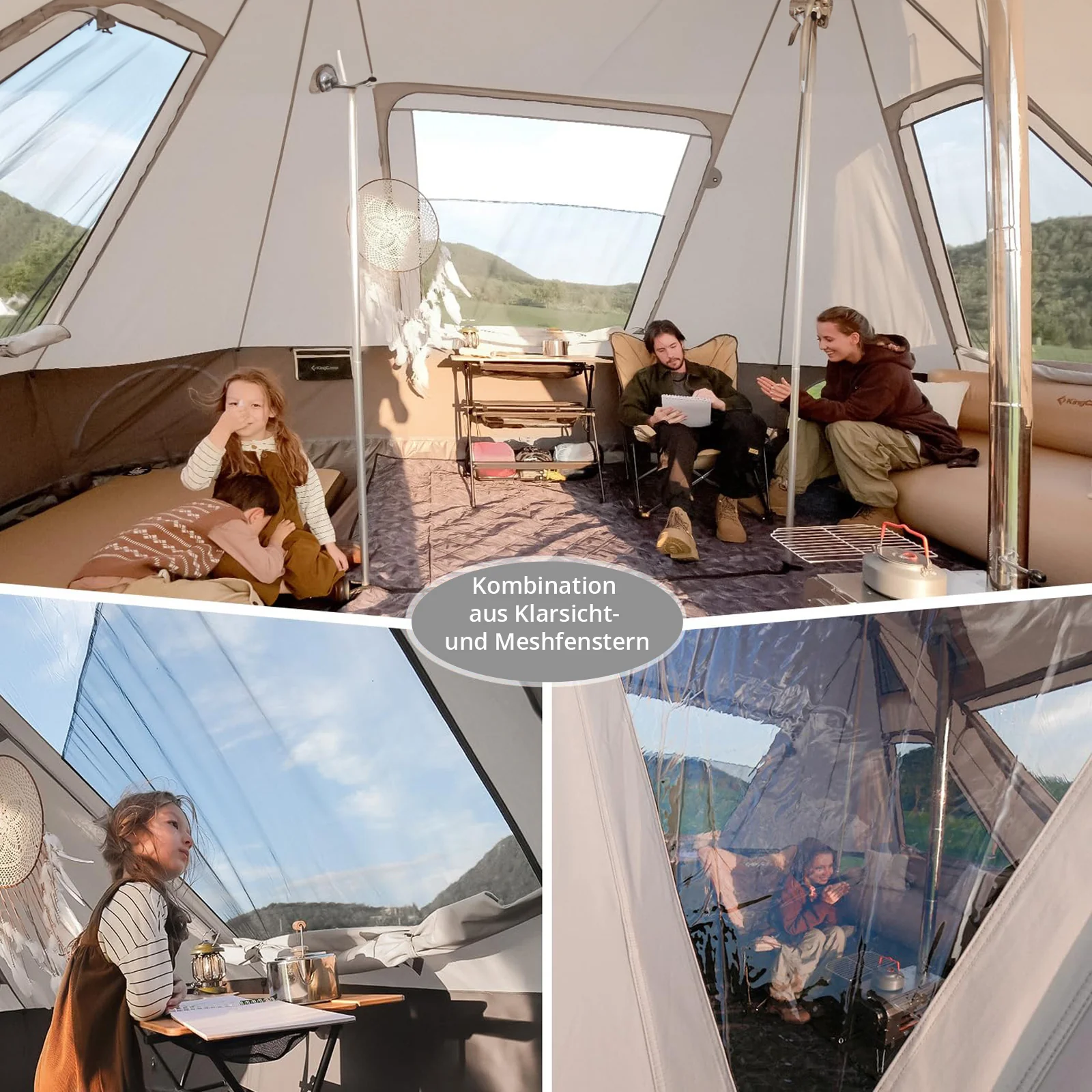 2025 KingCamp Khan Villa – Tienda de grupo glamping de lujo con 240 cm de altura interior, salida para chimenea y paredes laterales de malla para una ventilación óptima