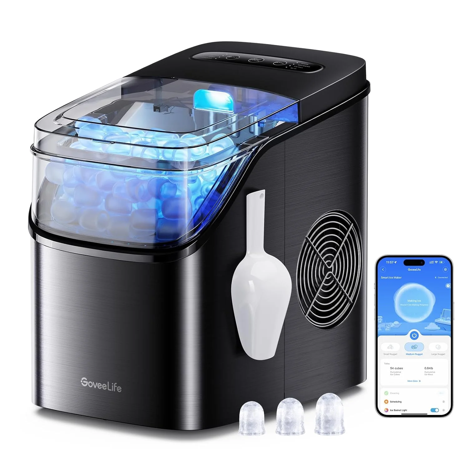 2025 GoveeLife Máquina de Hielo Inteligente con Control por Voz – 9 Cubos en 6 Minutos, 3 Tamaños, 12 kg/24h, Autolimpiante, Iluminación RGB, Silenciosa, con Pala – Negra