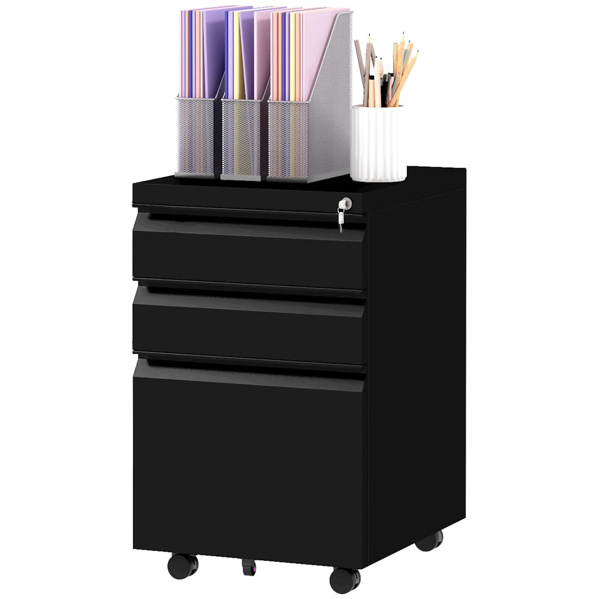 Cajonera Móvil de 3 Cajones, Cajones de Acero con Cerradura para Debajo del Escritorio, 37 x 43,5 x 60 cm, Negro