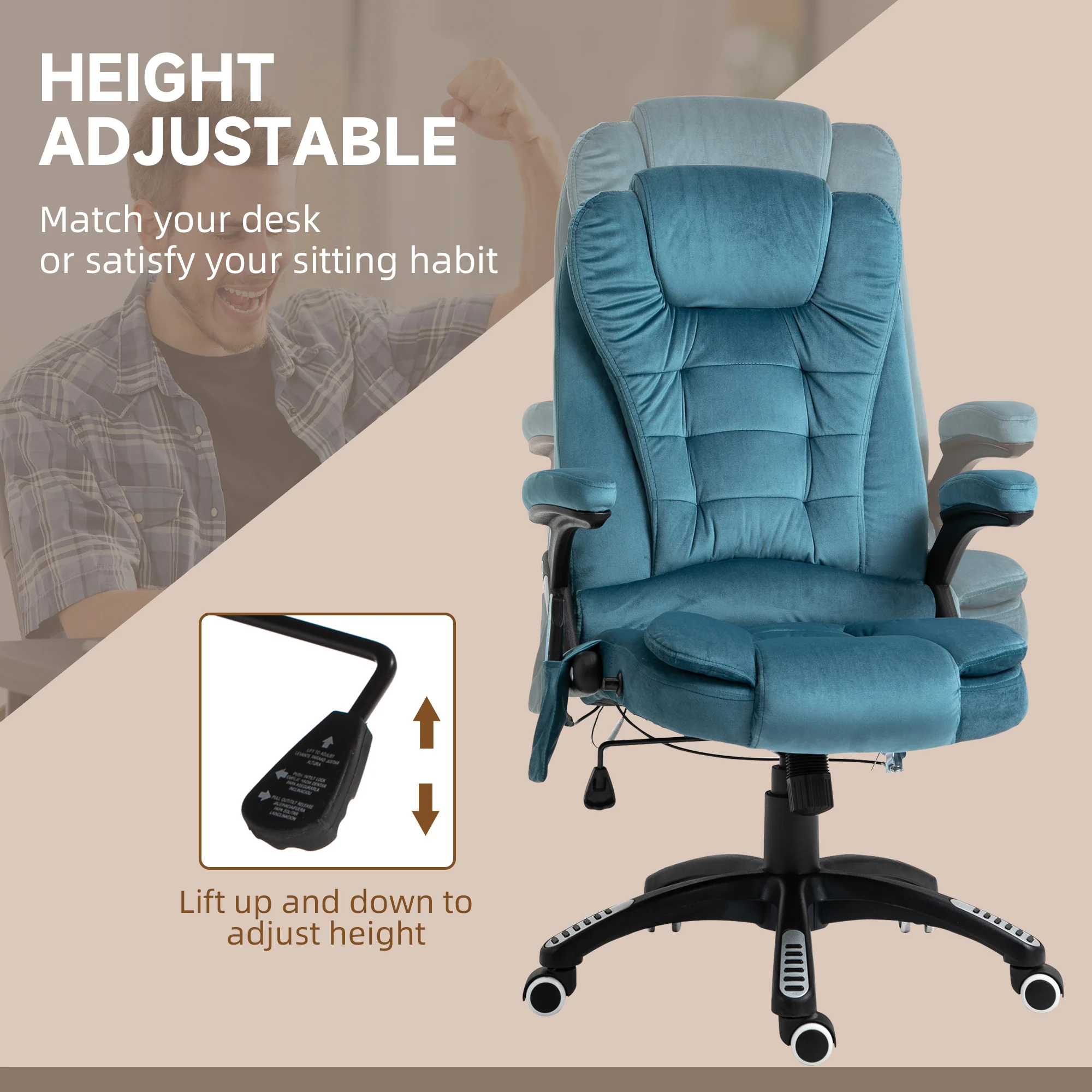 Silla de Oficina Ergonómica con Masaje de 6 Puntos y Calefacción en la Espalda, Tela Tipo Terciopelo, Azul