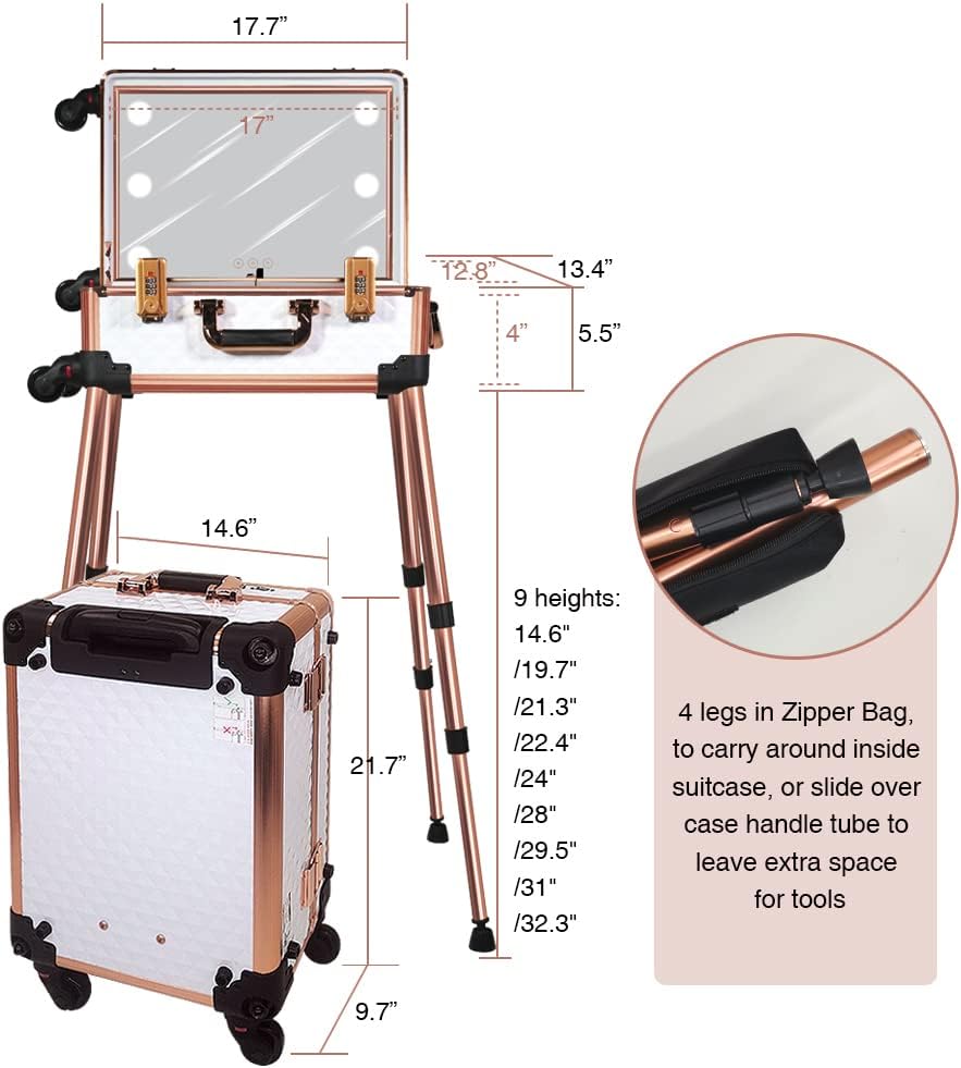 Maletín mediano para maquillaje con cerradura de código, espejo iluminado, altavoz, organizador de cosméticos de viaje, trolley profesional para artistas, estuche independiente para estudio