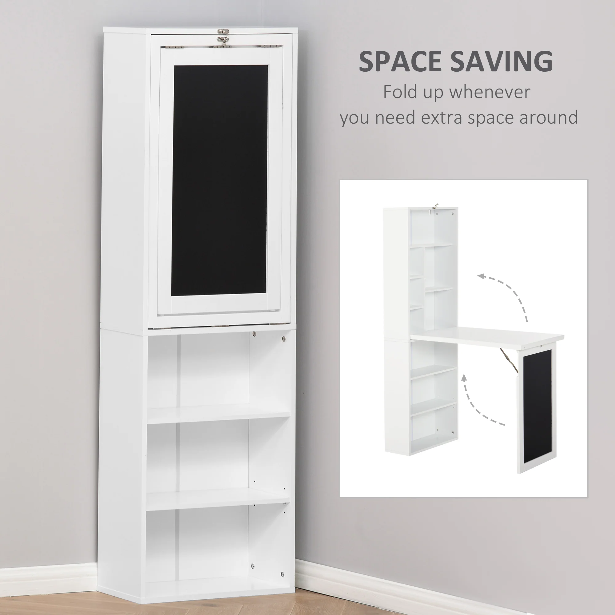 Escritorio de Ordenador de Pared – Mesa de Estudio Abatible con Pizarra y Estantería, Blanco