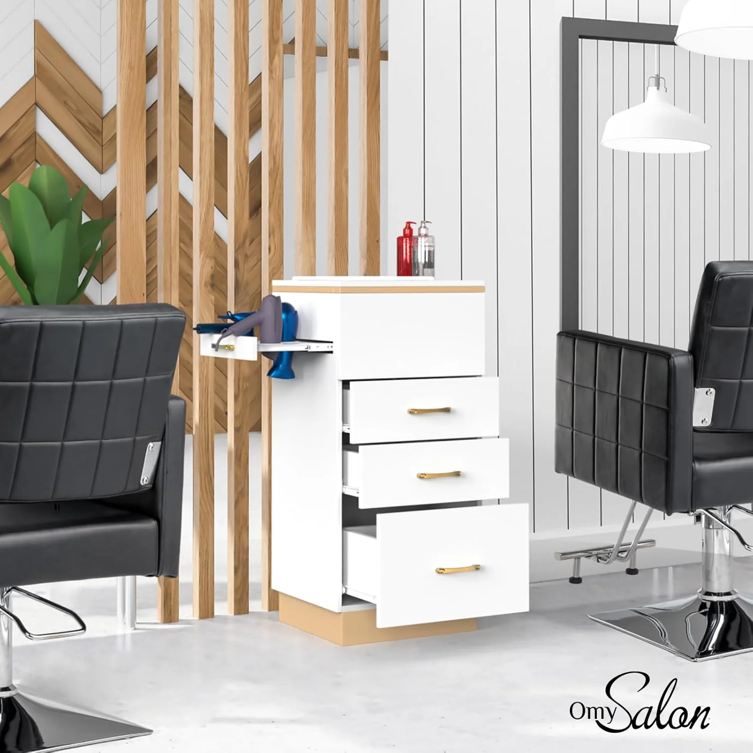 OmySalon Estación de Almacenamiento para Salones – Mueble de Peluquería con 3 Cajones, Compartimento de Almacenamiento y 3 Soportes para Secadores – Color Oro Blanco