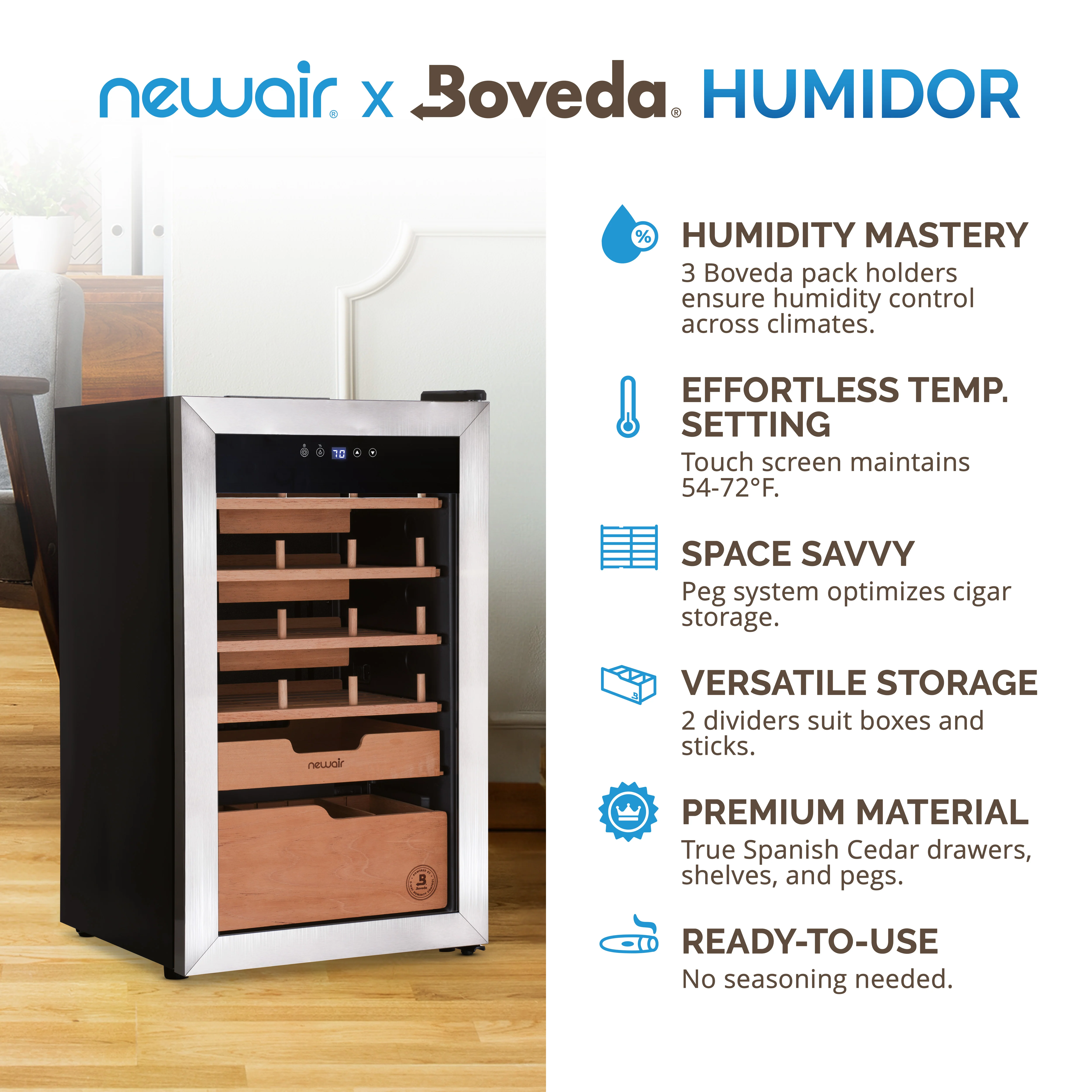 2025 Humidificador eléctrico para puros Newair® x Boveda – Capacidad para 500 puros