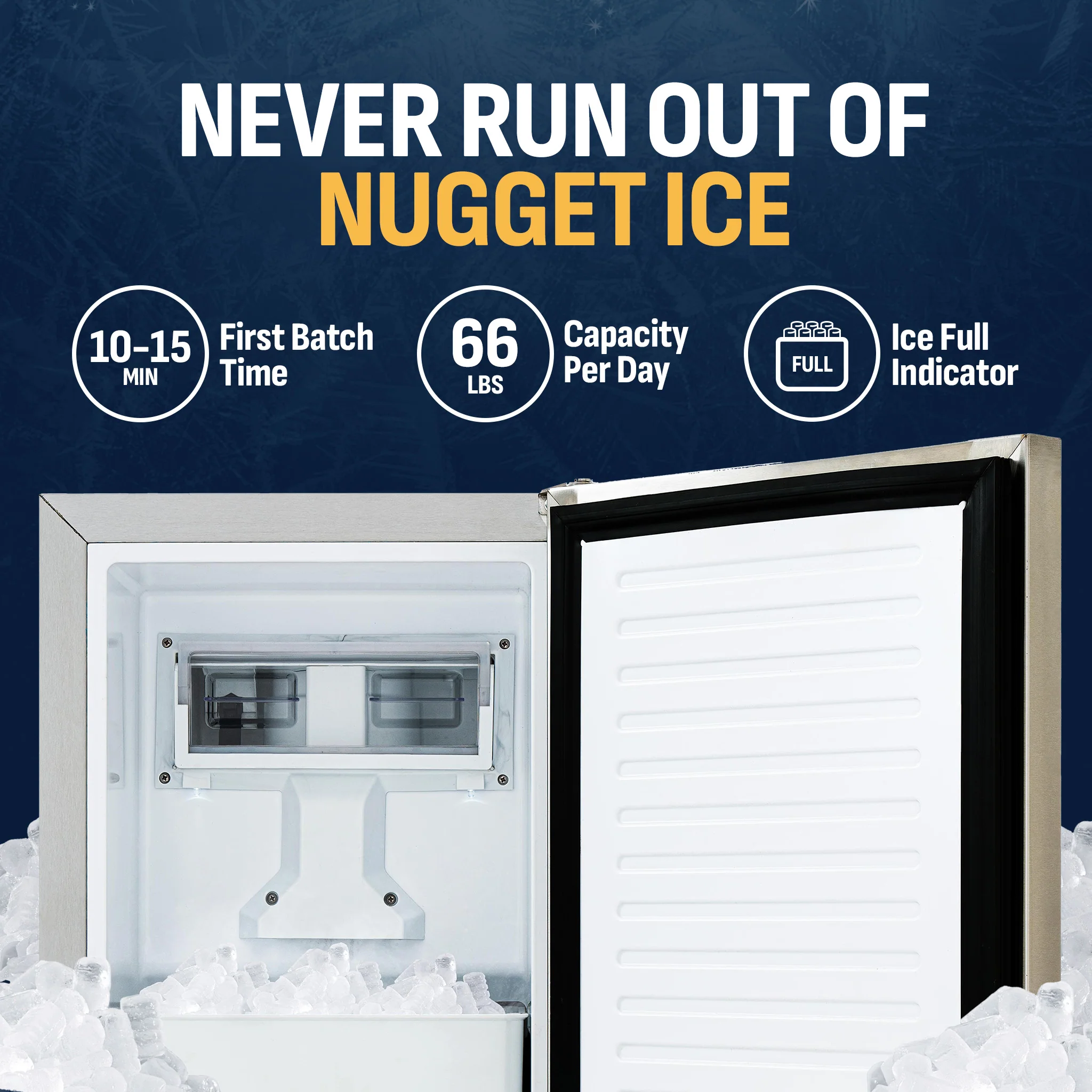 2025 Máquina de Hielo en Trozos Newair 15” Empotrable – 66 lb/día – Acero Inoxidable