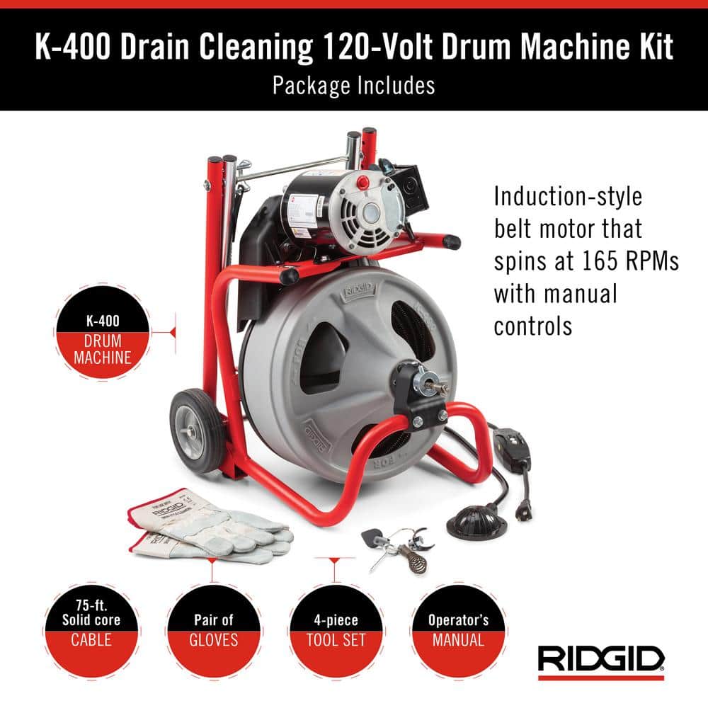 K-400 Desatascador de Drenajes 120 V, Máquina de Tambor con Cable C-32IW de 3/8 x 75 pies + Juego de Herramientas de 4 Piezas y Guantes 52363