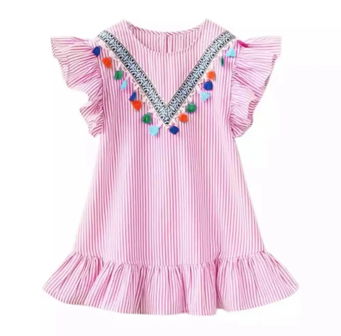 Girls Boho Tassel Stripe Summer Dress - Pink