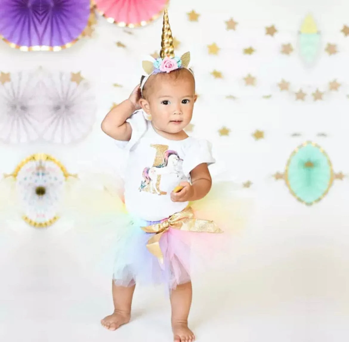 Glitter Unicorn Dress First Birthday Tutu Dress with Crown