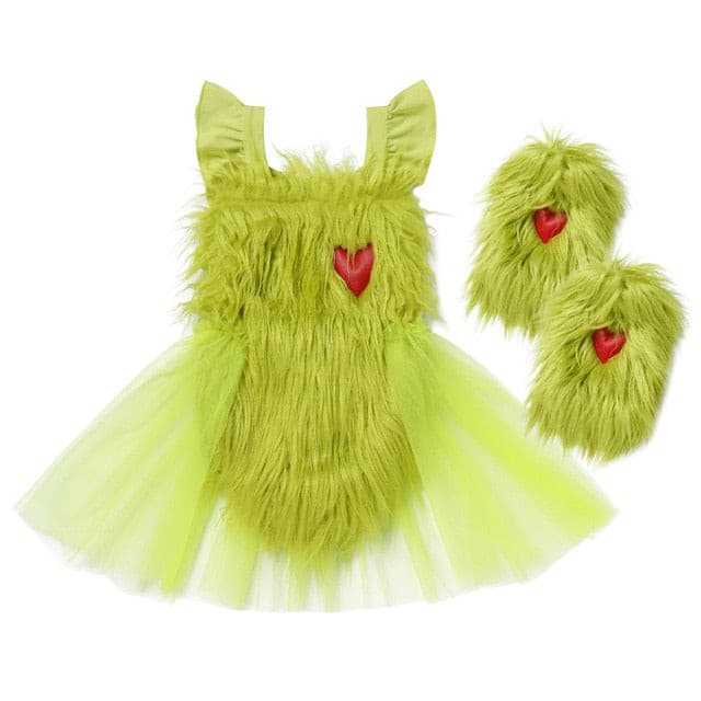 Green Grinch Baby Girl Costume , Faux Fur Tulle Tutu Romper Dress And Leg Warmers Socks