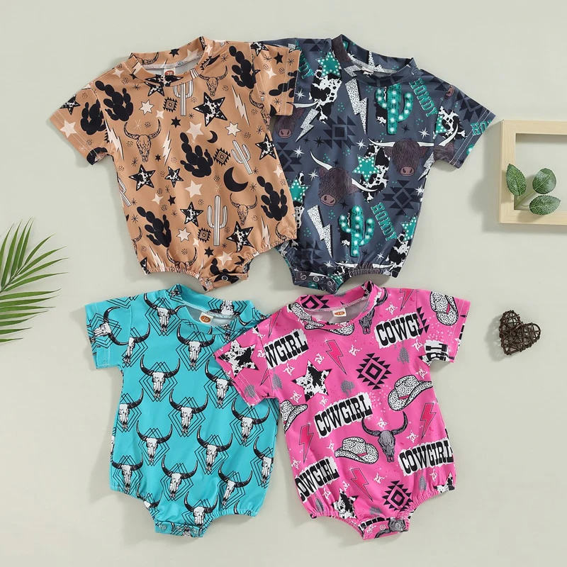 Trendy Cowboy Tee Romper - Baby Boys Cowboy Tee Bodysuit - Dark Grey