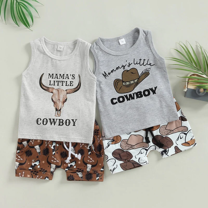 Mamas Little Cowboy - Cowboy Hat , Sleeveless Tank Top+ Shorts Casual Sets