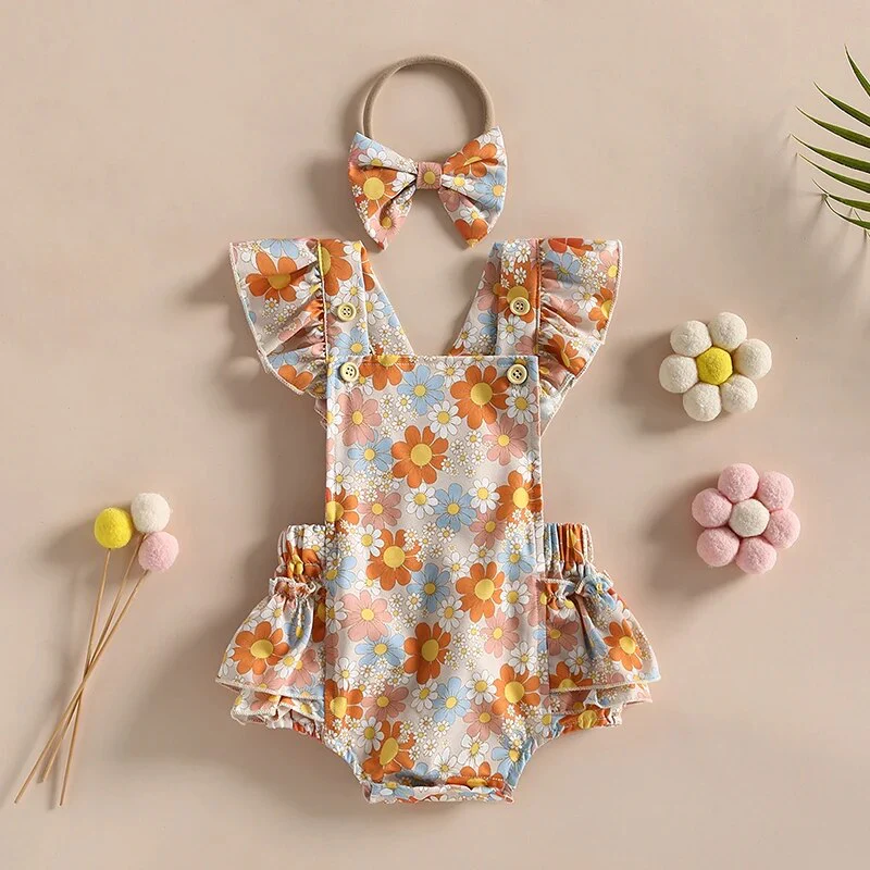 Nora - Baby Girls Flower Print Romper with Headband Sets