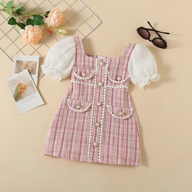 Girls Princess Dress Puff Sleeve - Pink Tweed