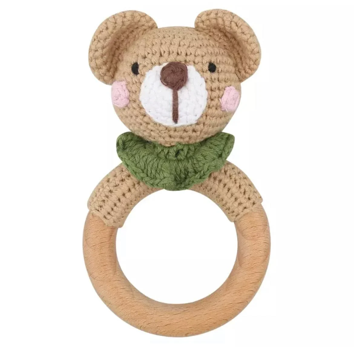 Crochet Baby Rattle Toy, Smooth Beech Wood Teething, Crochet Ring Soother