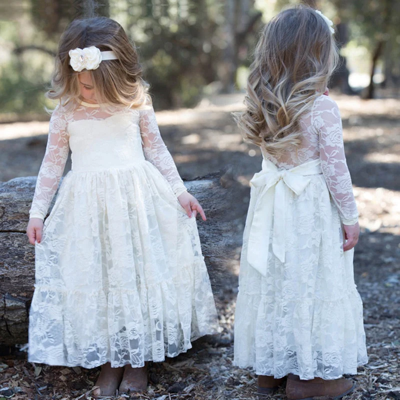 Jasmine - Christening Dresses Long Sleeve Baby Girl White Flower Girl Dresses