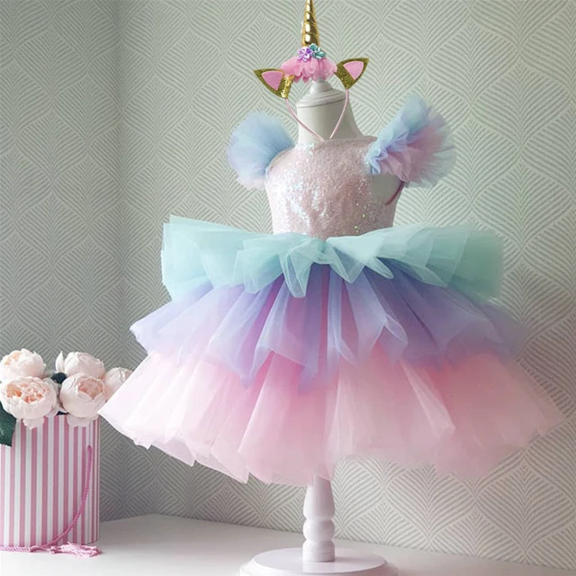 Mitsy - Girls Rainbow Unicorn Princess Dress - Pastel Rainbow Dress