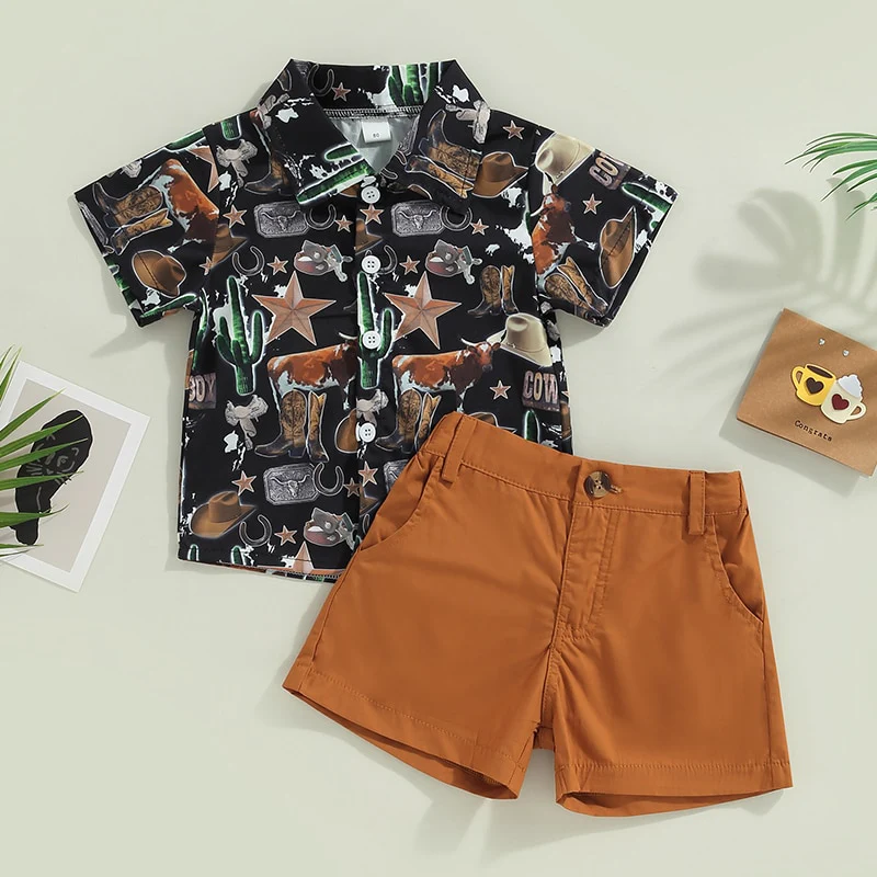 Cactus Set - Boys Gentleman Clothes Sets Cartoon Cactus Print Shirt & Shorts Set