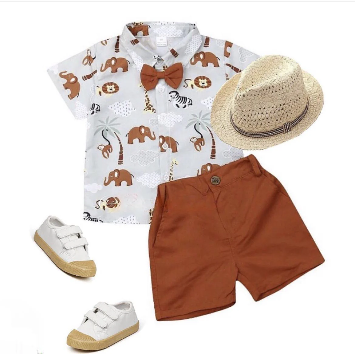 Malt Elephants - Baby Boy Gentleman Outfit - Summer Set Animal Print with Bowtie